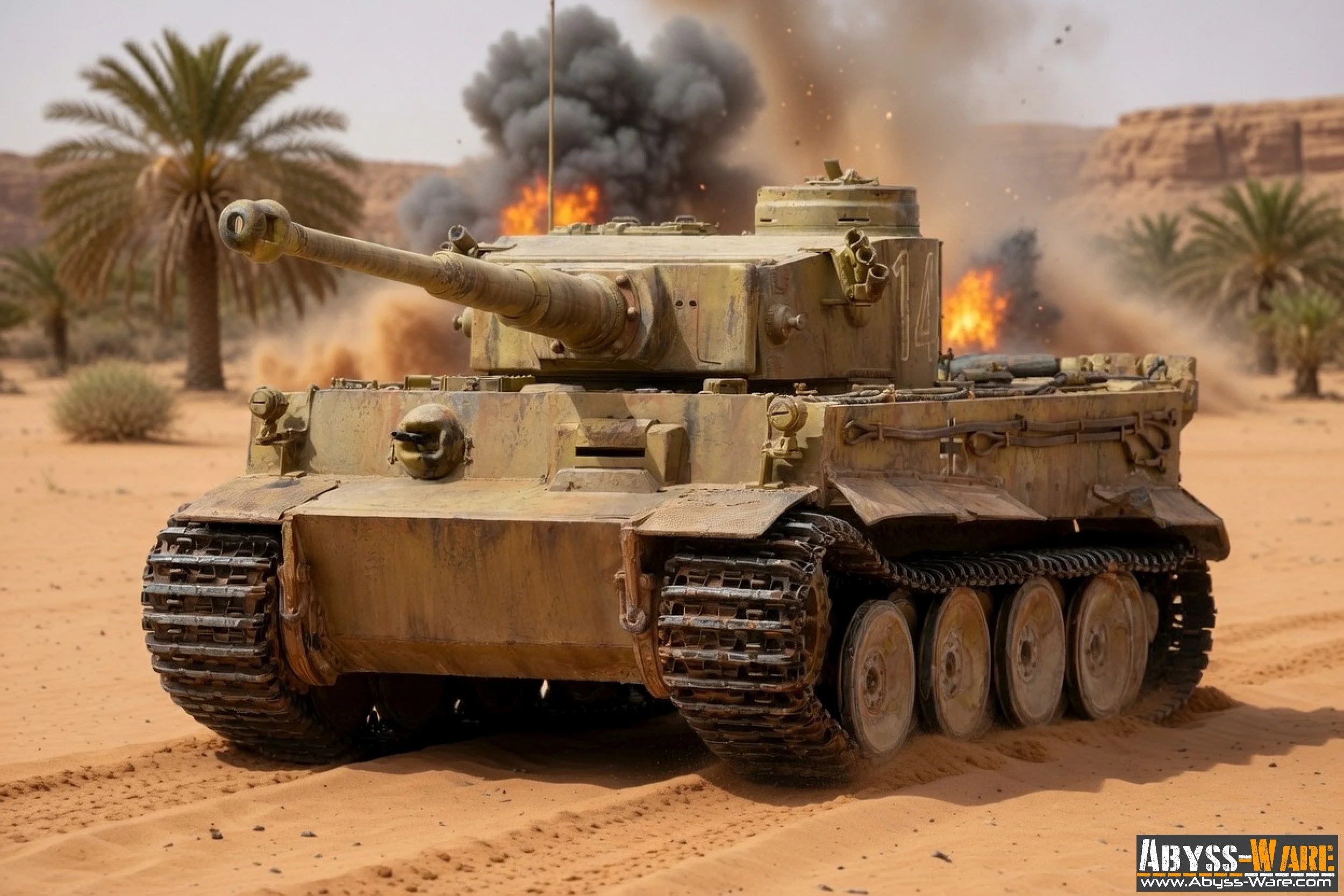 Tanks firing in desert with palm trees and explosions in background.
