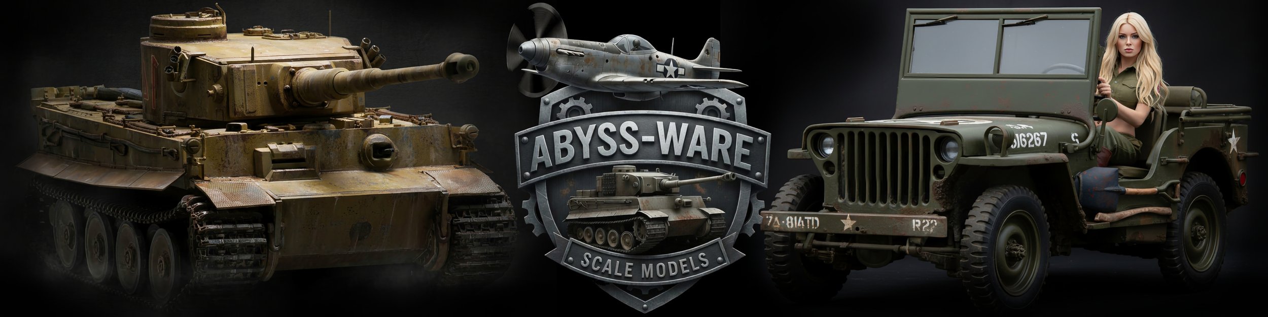 Display of military scale models including a tank, a fighter jet, and a vintage military jeep with a woman sitting in it, with a badge reading 'Abyss-Ware Scale Models' in the center.