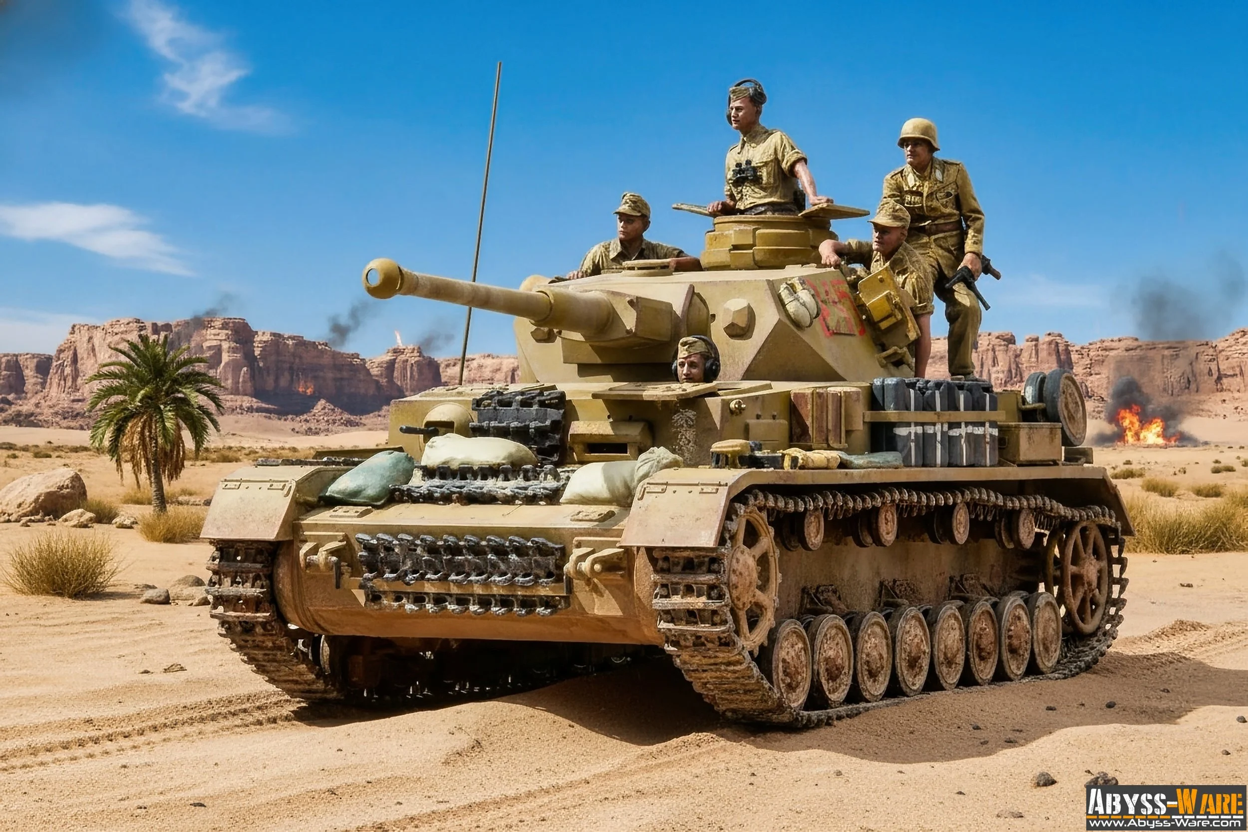 A model of a military tank with several soldiers in desert camouflage uniforms on and around it, set against a desert landscape with rocky formations and palm trees under a clear blue sky.