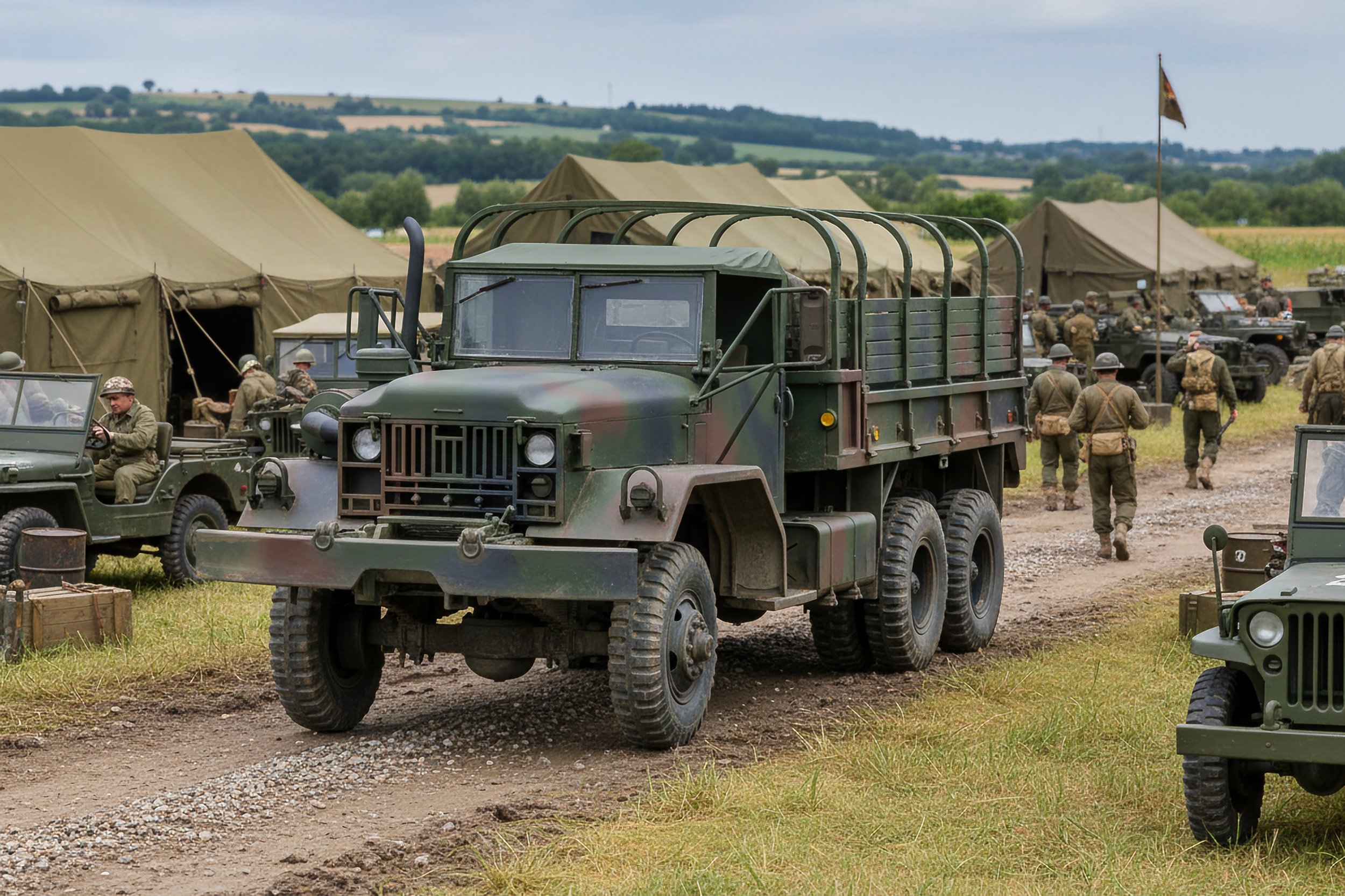 A military scene with a large green truck driving on a dirt road, surrounded by soldiers and military tents in a field.