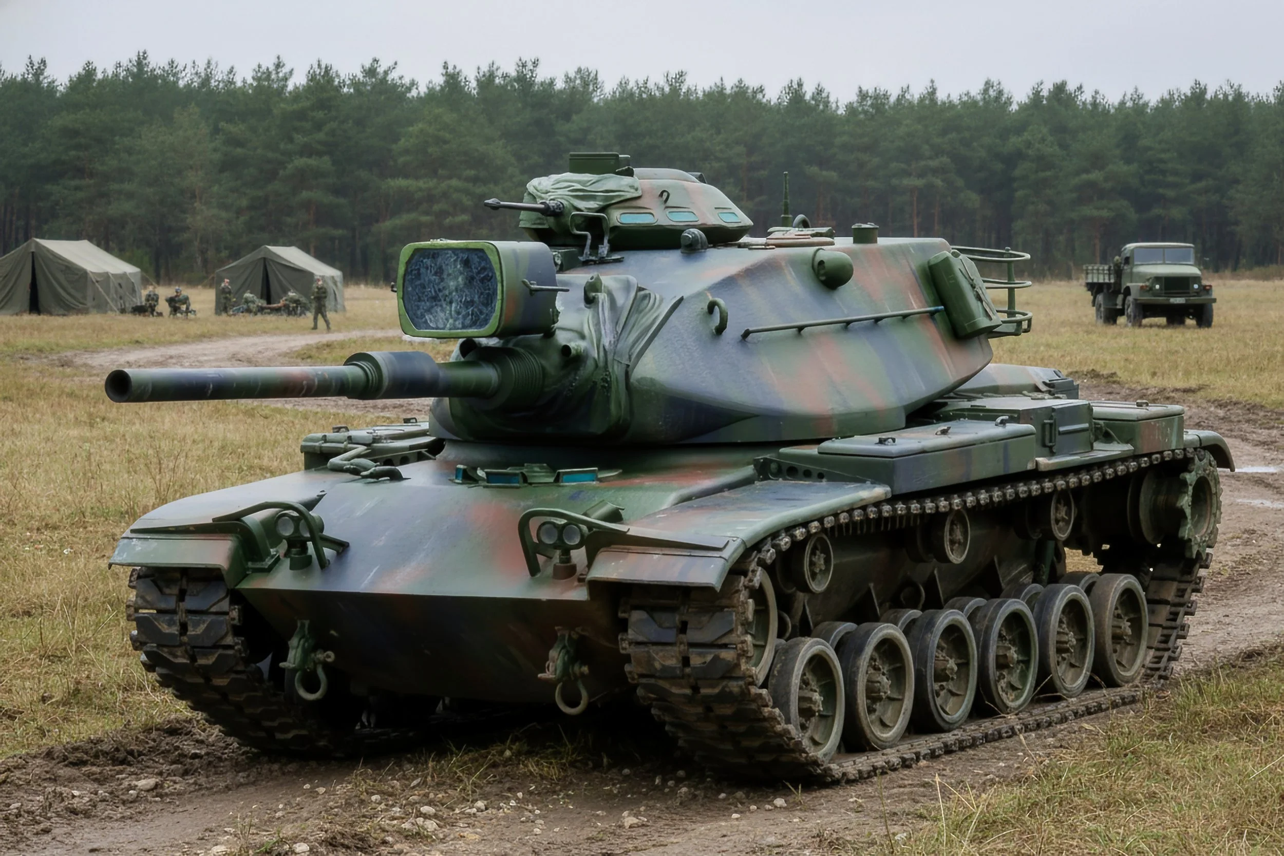 A military tank with a camouflage pattern on an open field, with tents and soldiers in the background.