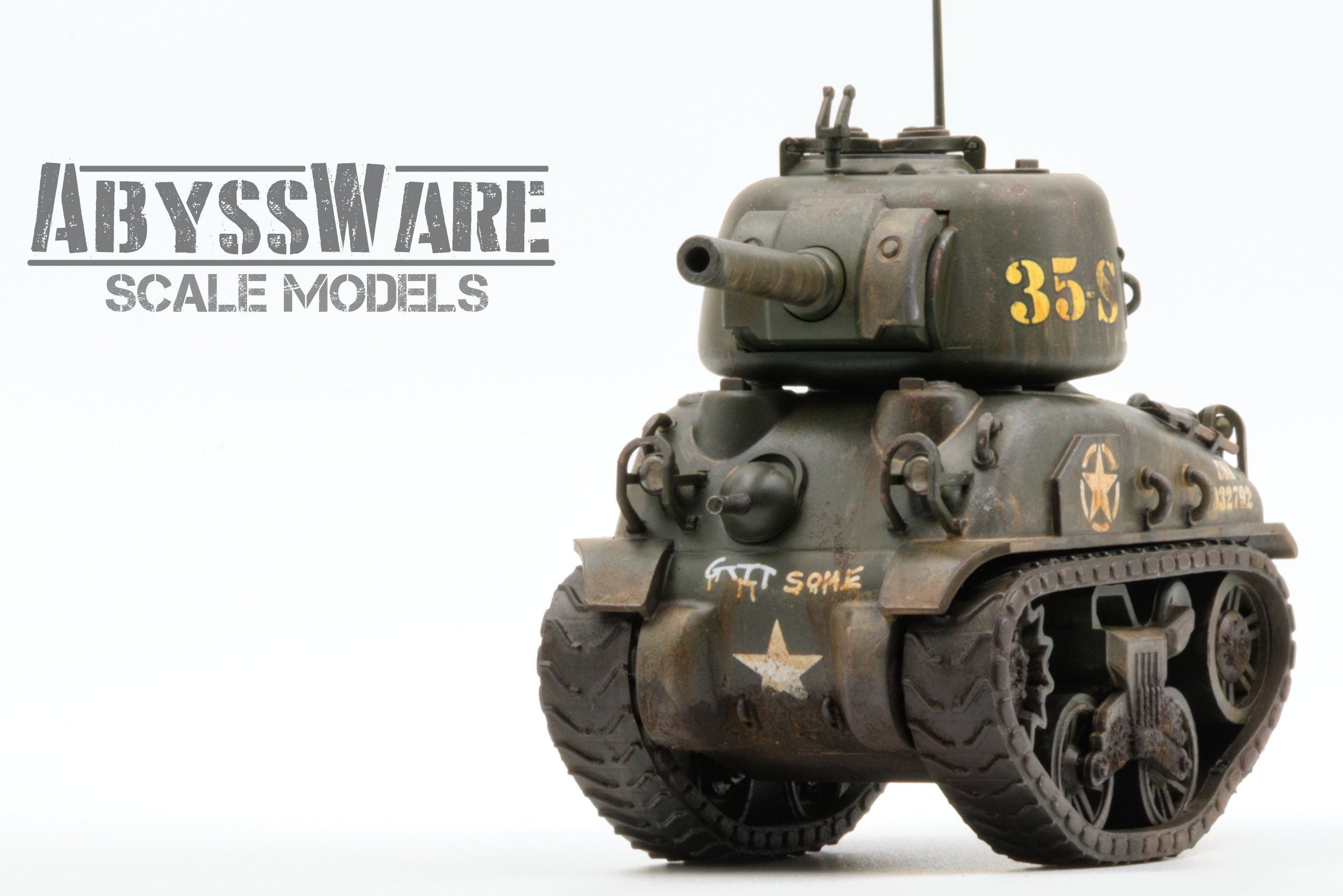 Scale model of a SHERMAN toon tank with weathered paint, set against a plain white background, with text reading 'Abyssware Scale Models' floated on the left side.