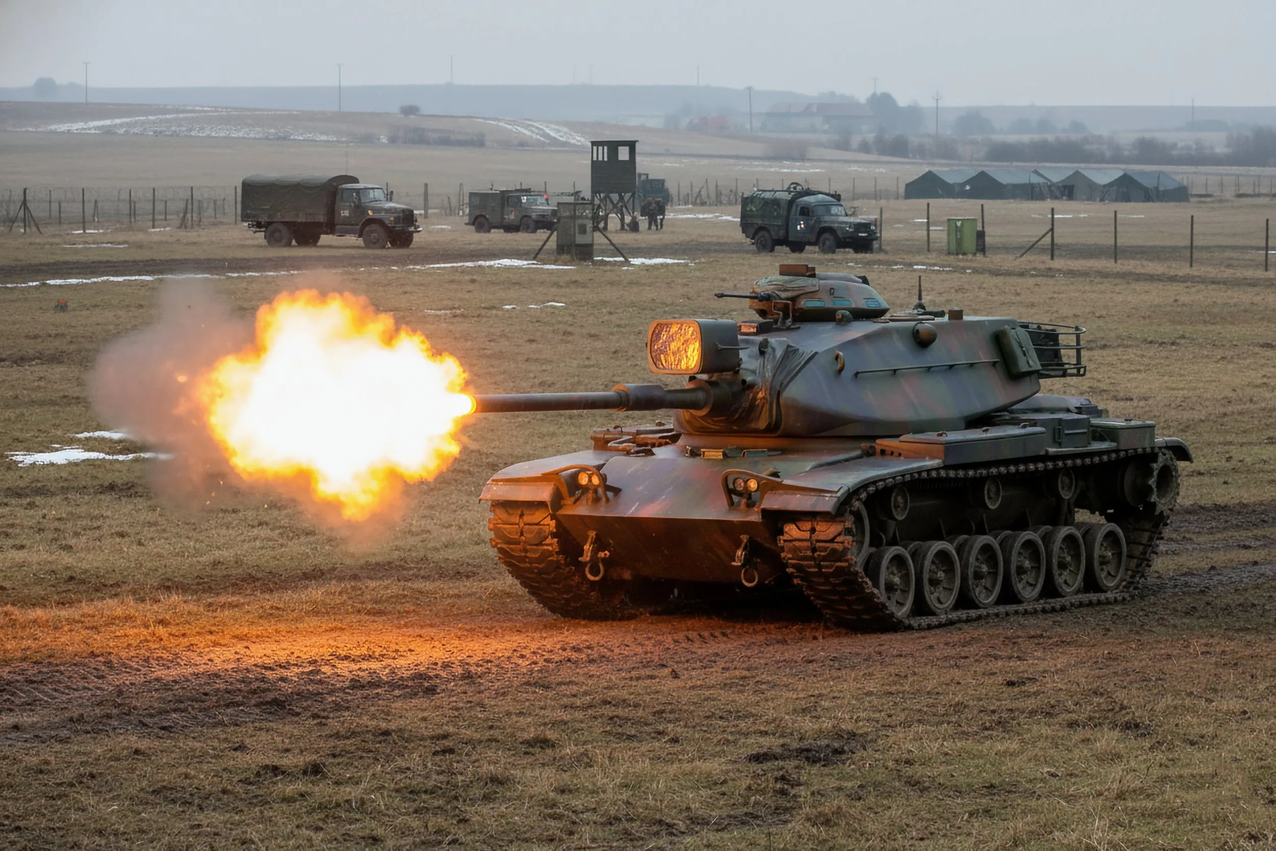 A military tank firing its gun on a field with several vehicles and a watchtower in the background.