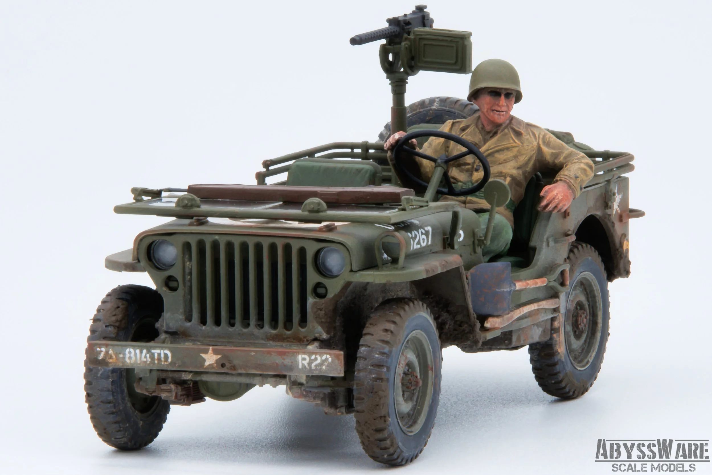 Scale model of a military Jeep with a figure of a soldier wearing a helmet, sitting in the driver’s seat, with a mounted machine gun on the back, set against a plain or white background.