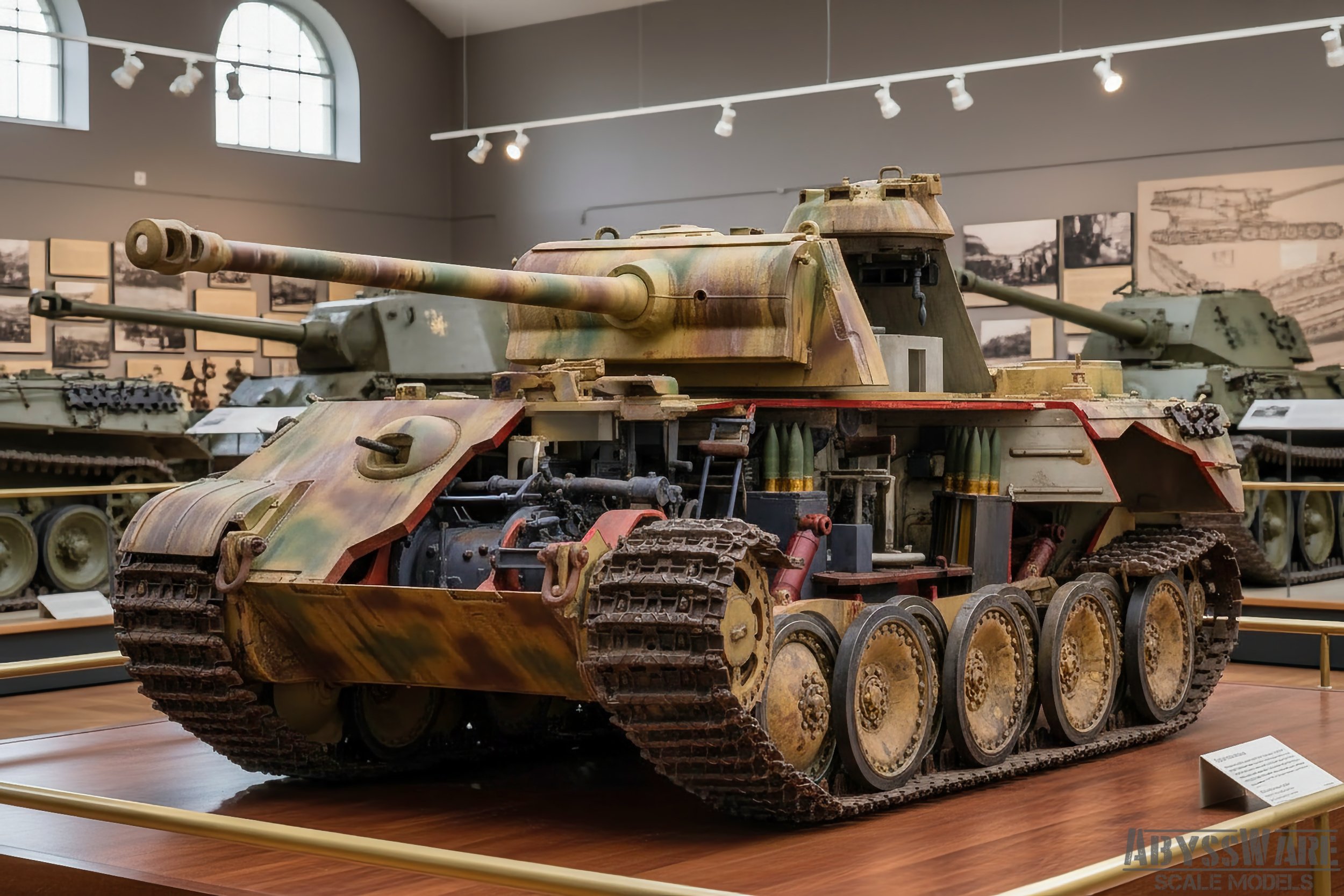 A detailed scale model of a German WWII Tiger tank displayed in a museum with other tank models and black-and-white photographs in the background.