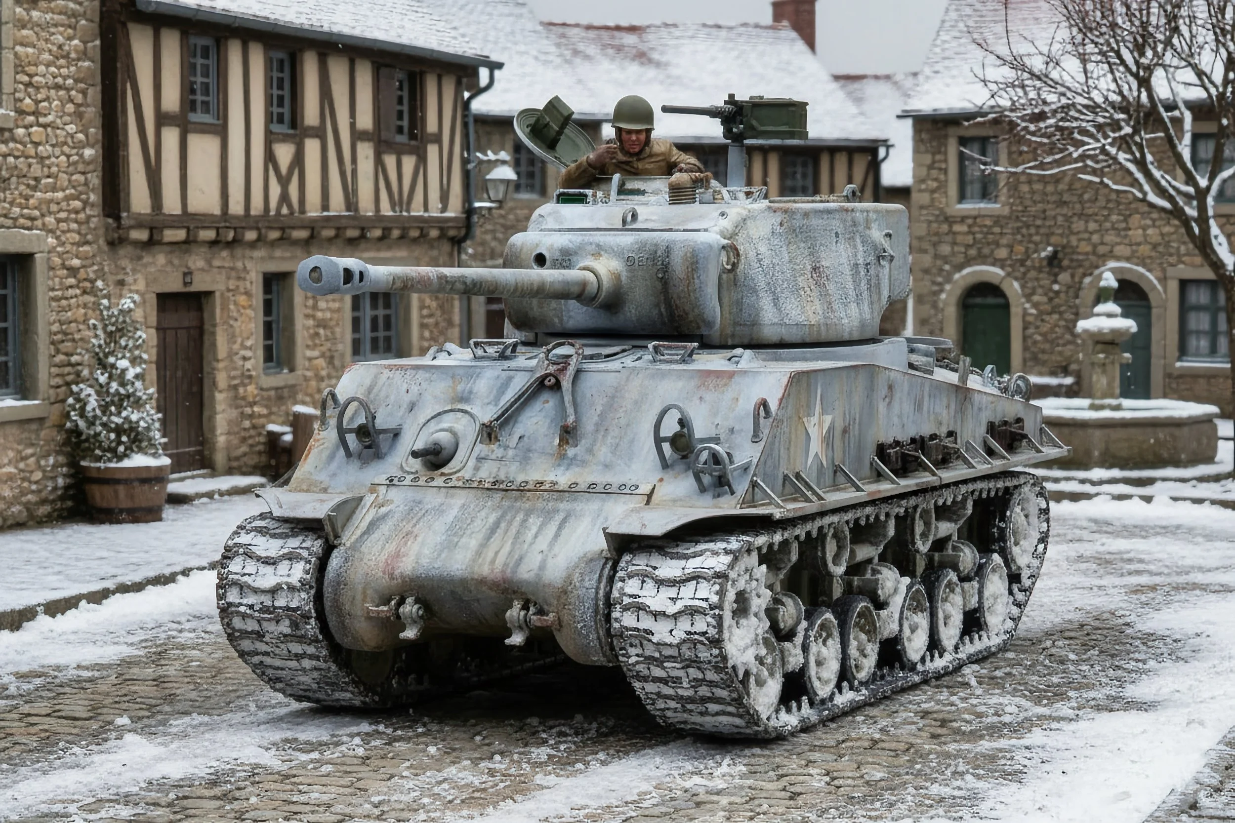 World War II era military tank with soldier figure on top, parked in a snowy village street with stone and wood houses.