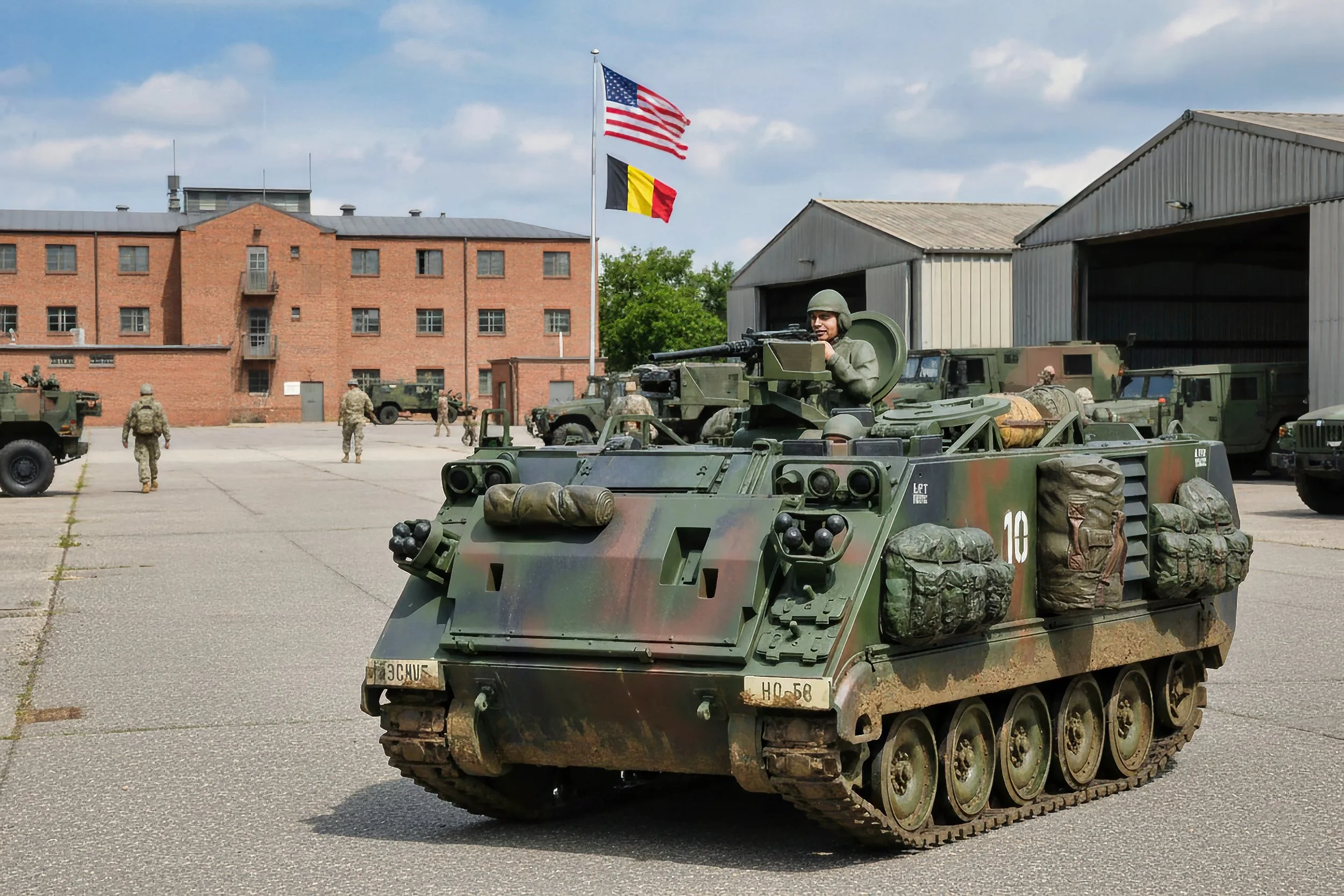Military soldiers and vehicles, including a tracked armored vehicle with a soldier on top, in a military base with flags, buildings, and a blue sky with clouds.