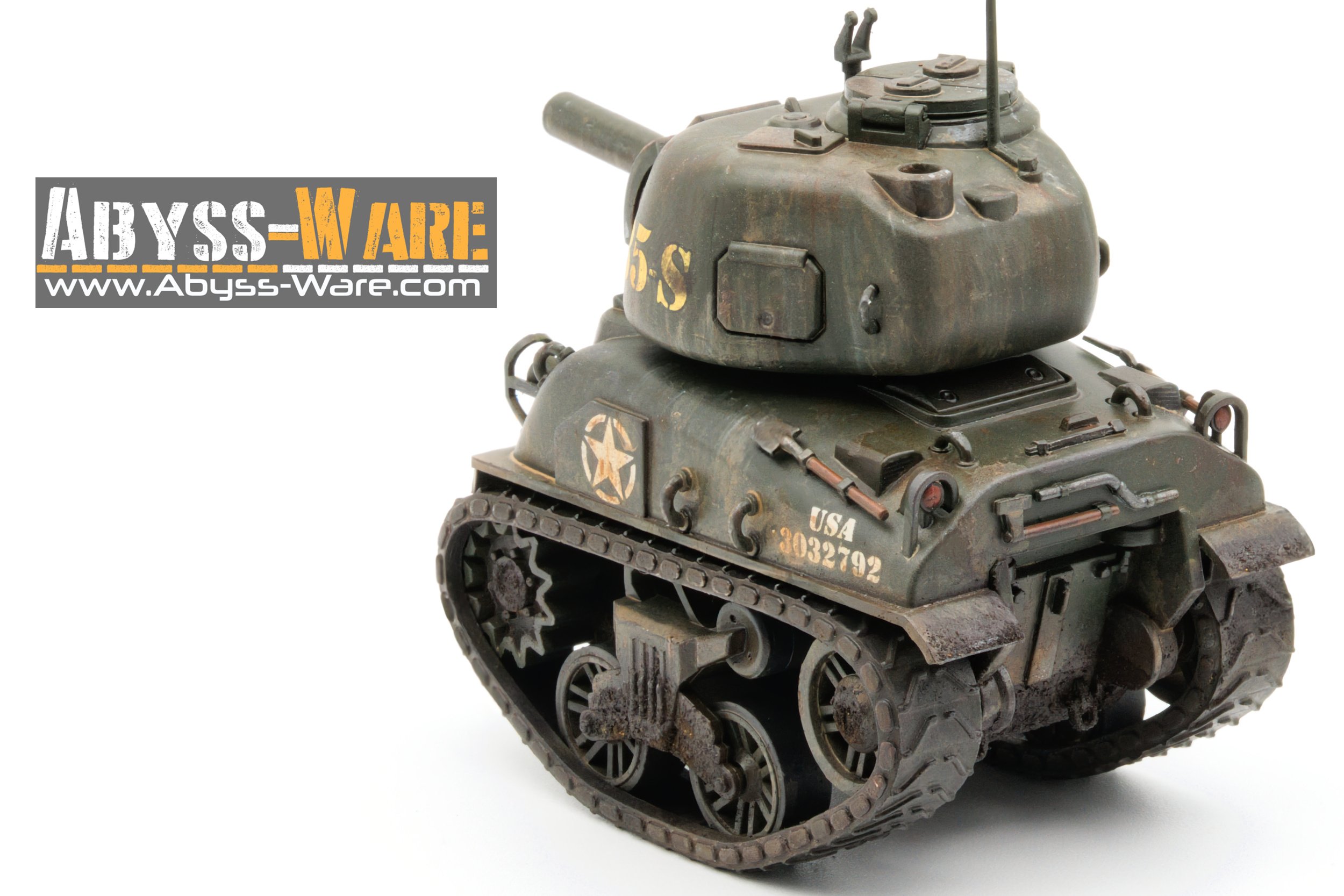 A detailed model of a military tank with markings from the USA, featuring a turret, tracks, and various painted insignias and numbers, placed next to a logo for Abyss-Ware.