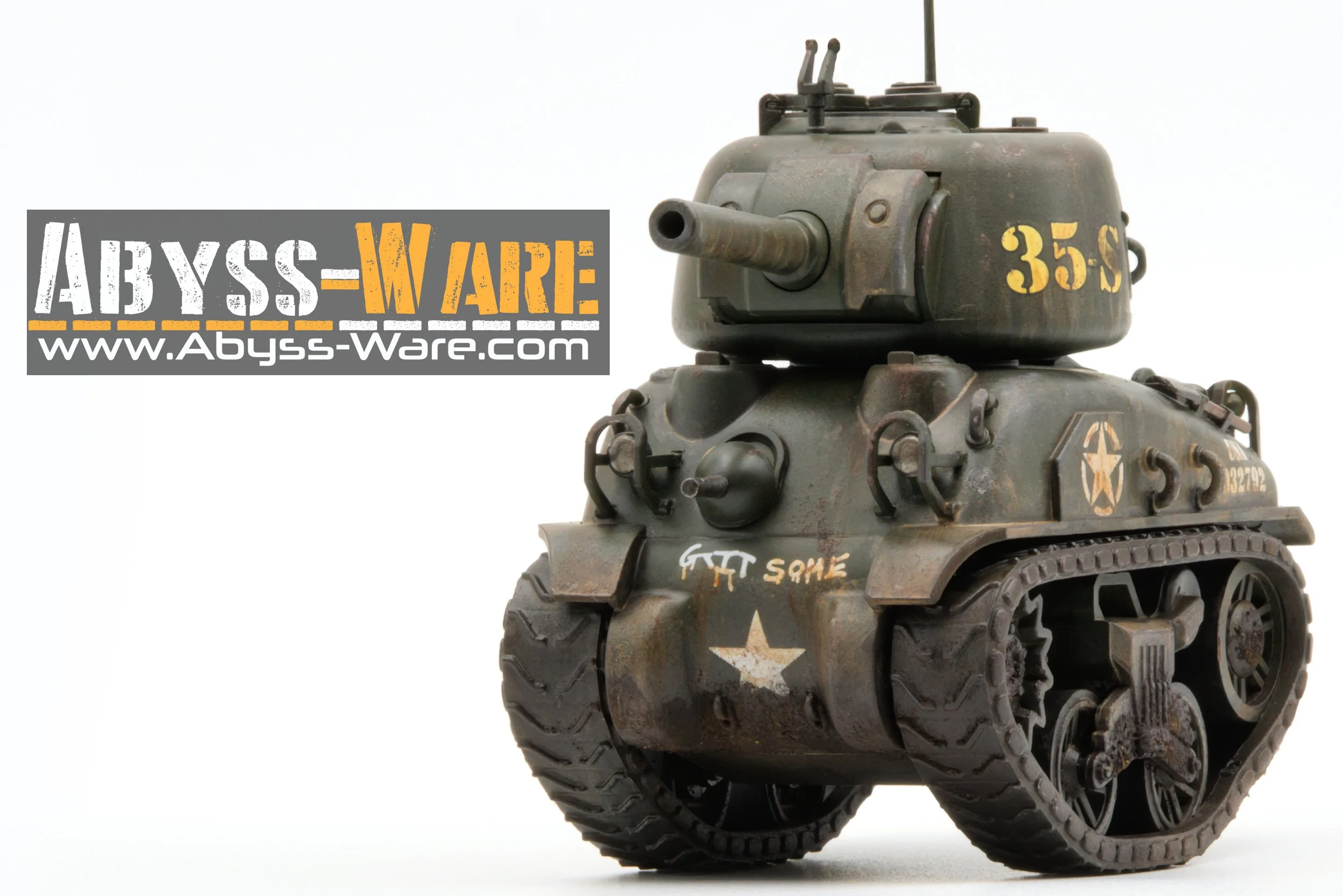 Model of a military tank with a weathered, dark green appearance, large tracks, and a turret with a long barrel. The tank has various markings and writings, including a star symbol and the words 'GWT SOME' on the front. A logo with the text 'ABYSS-WA