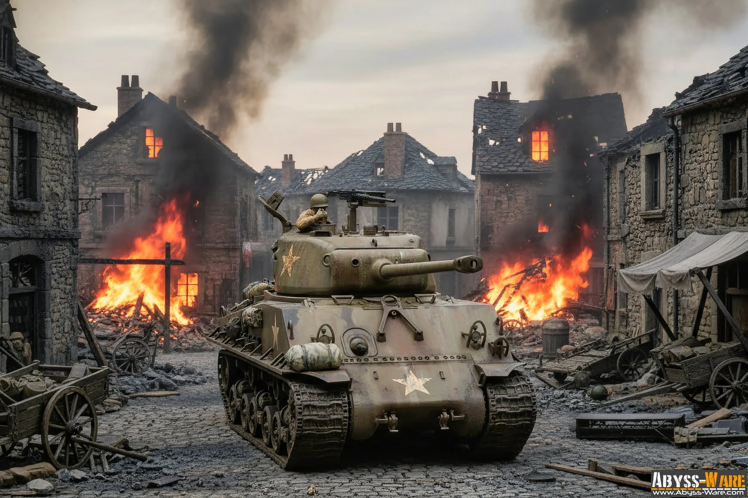 A tank moving through a war-torn urban area with buildings on fire and smoke billowing in the background.