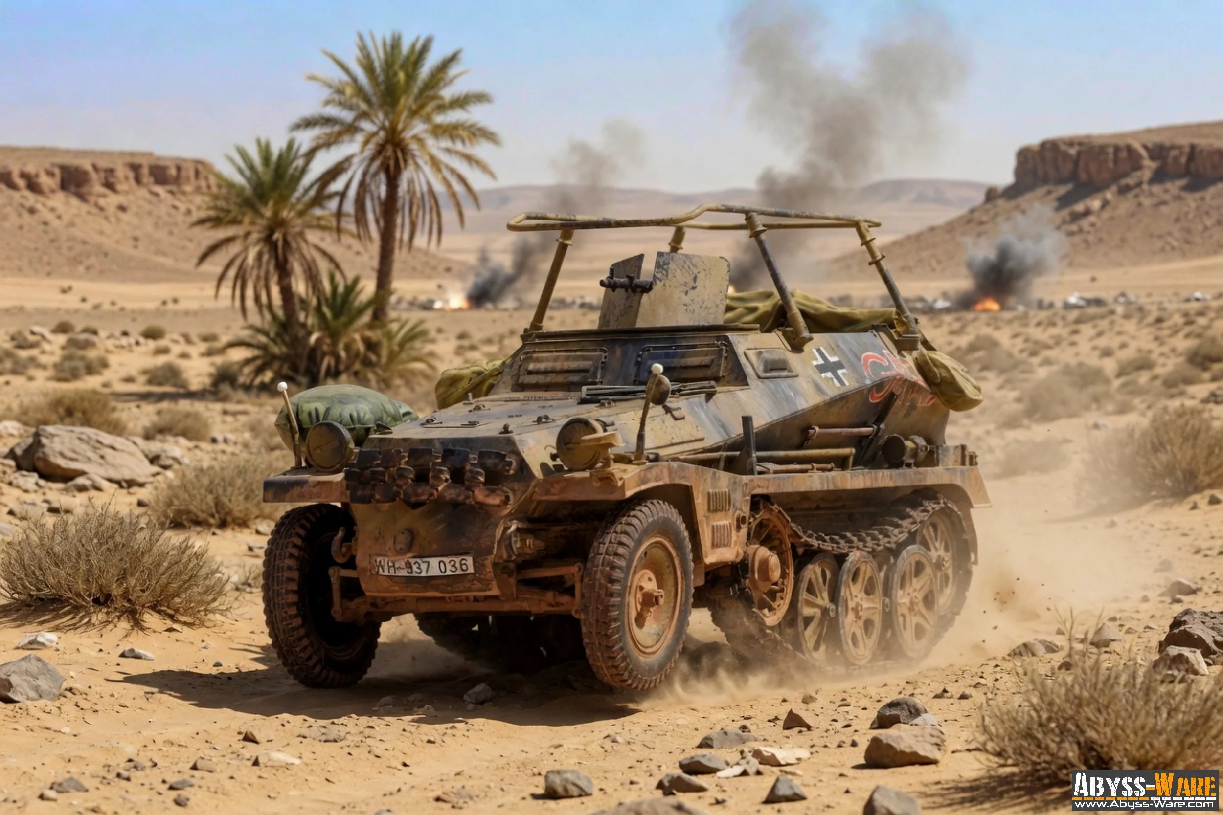 A military vehicle driving through a desert landscape with palm trees, mountains, and smoke in the background.