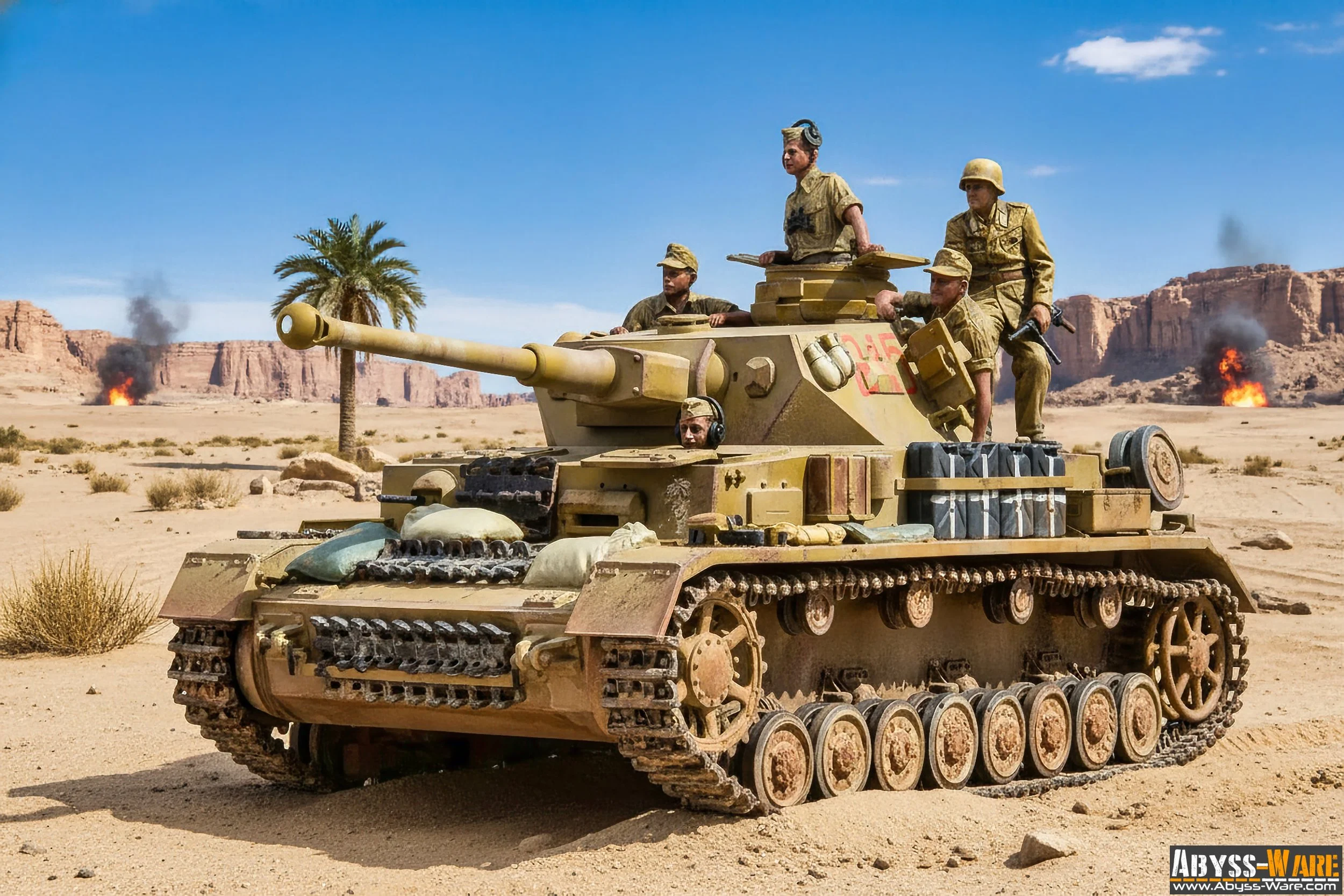 A military tank with soldiers in a desert landscape, with cliffs and sparse vegetation, during daytime.
