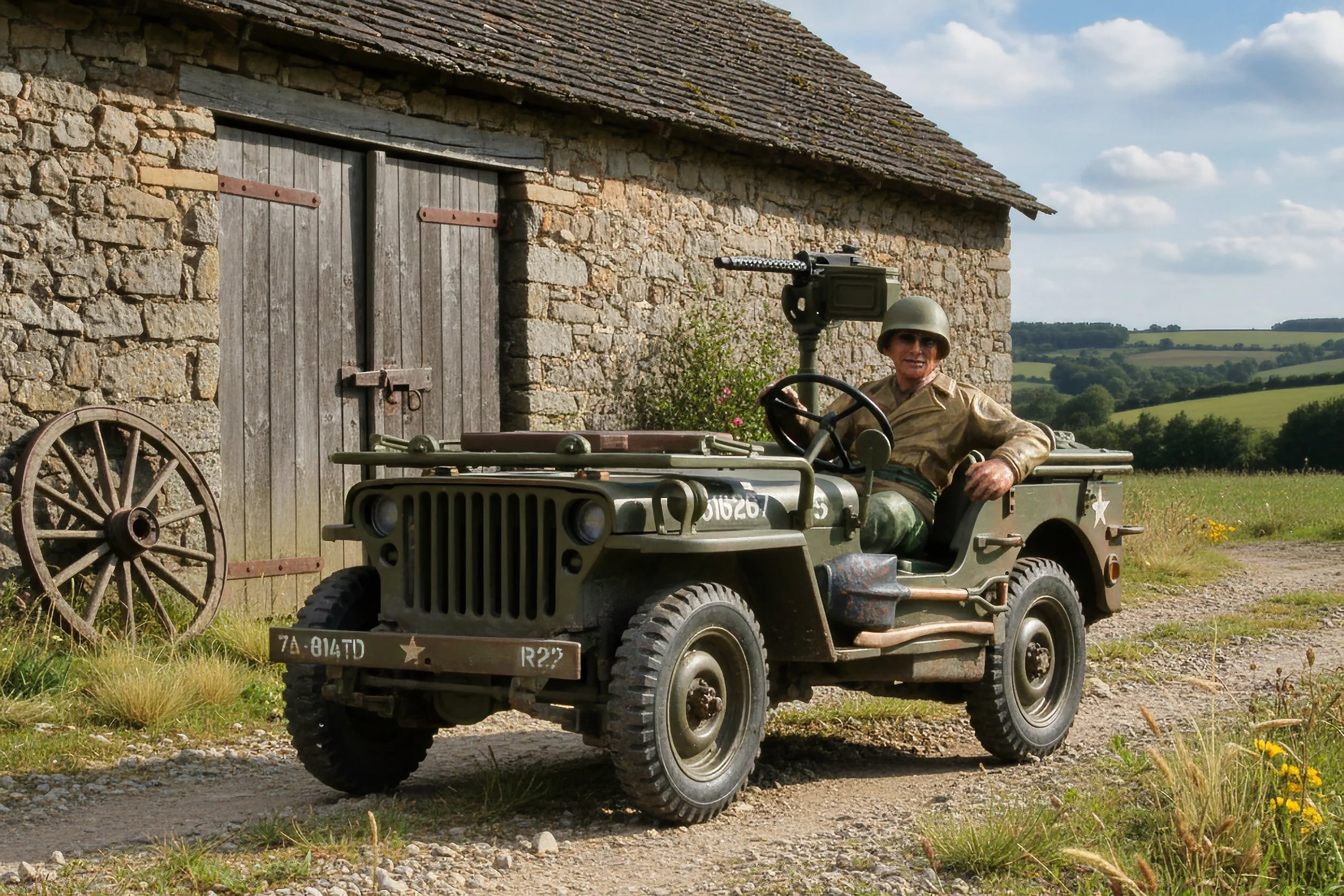A woman in military uniform sitting in a vintage military jeep with a mounted machine gun on a rural dirt road, next to a stone building and a wooden wagon wheel, with green fields and hills in the background under a partly cloudy sky.