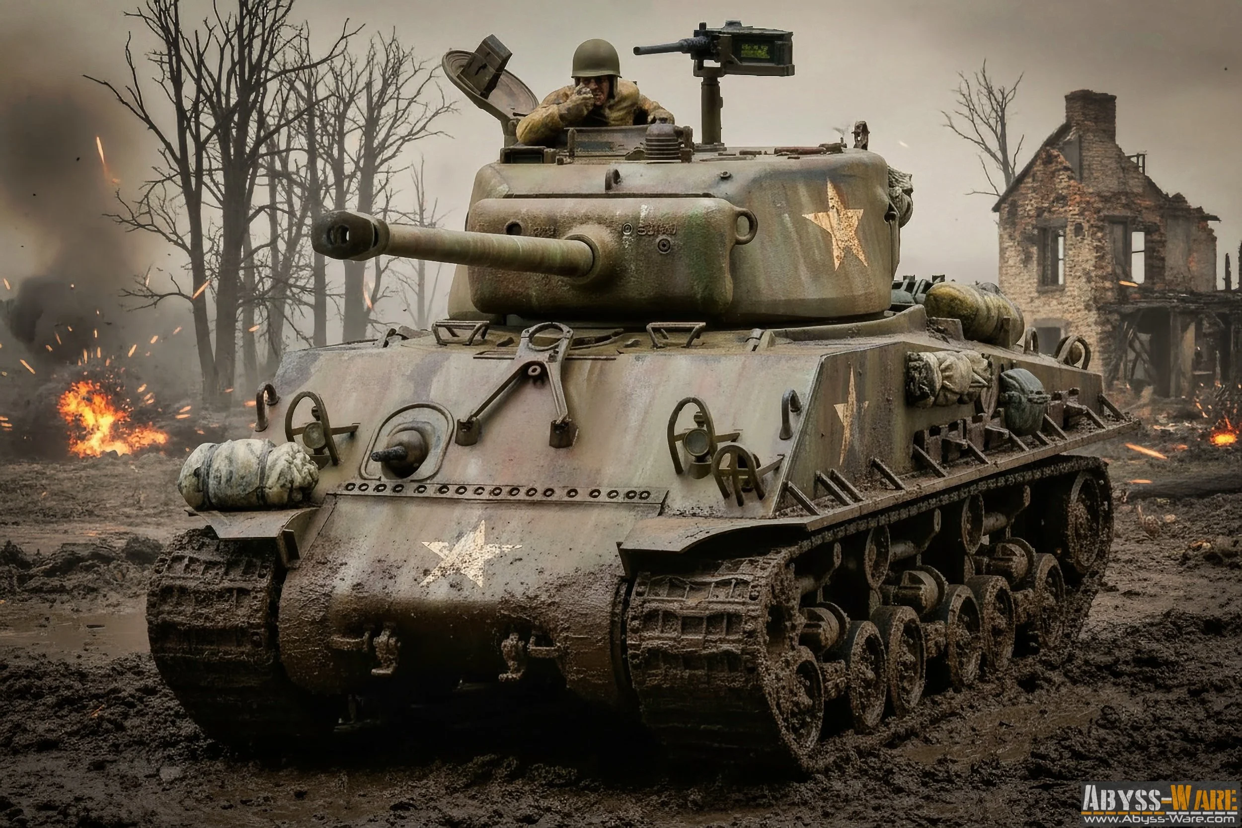A military tank with a soldier in the turret, moving through a war-torn landscape with burning destruction and damaged buildings in the background.
