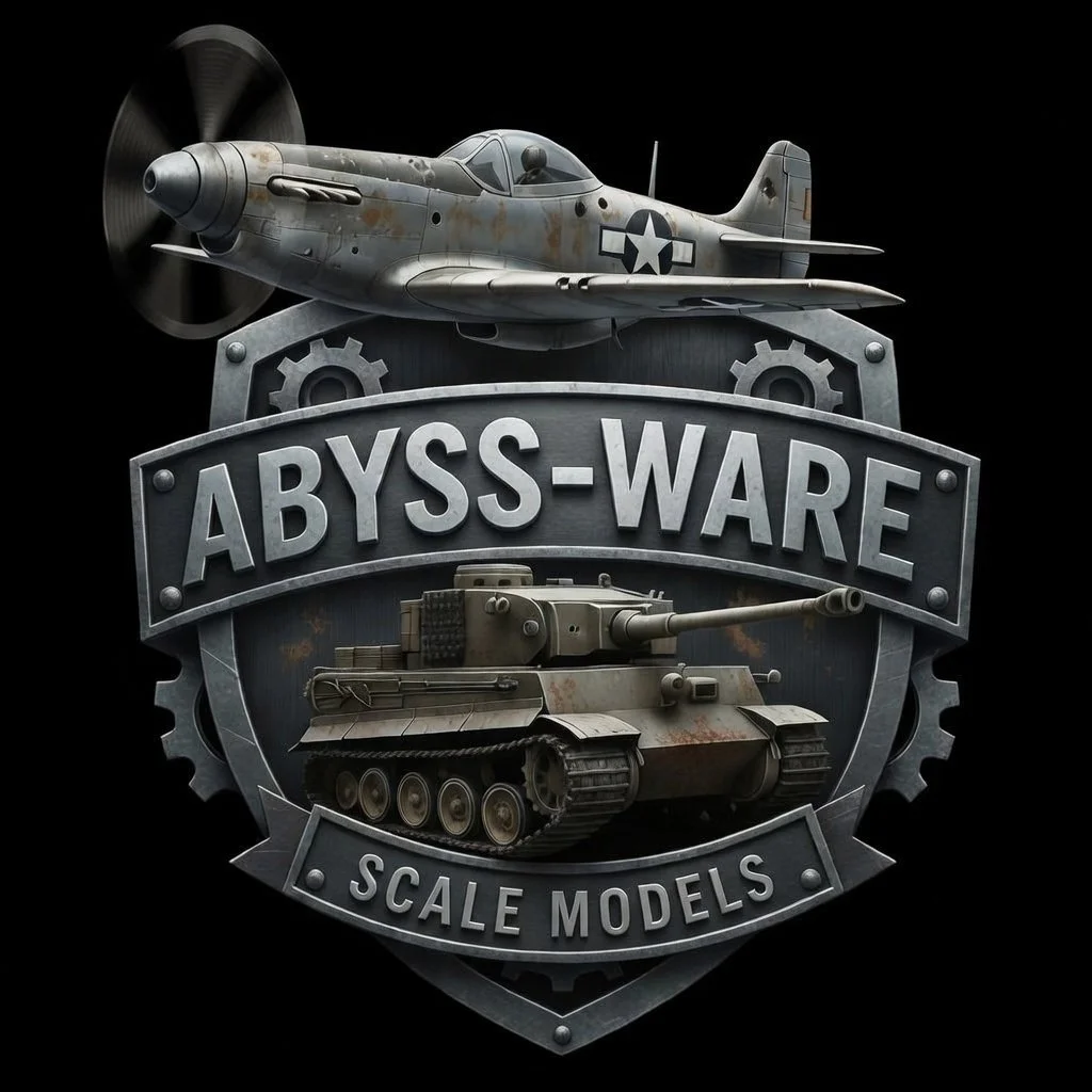 A logo for Abyss-Ware Scale Models featuring a military aircraft and tank models against a black background.