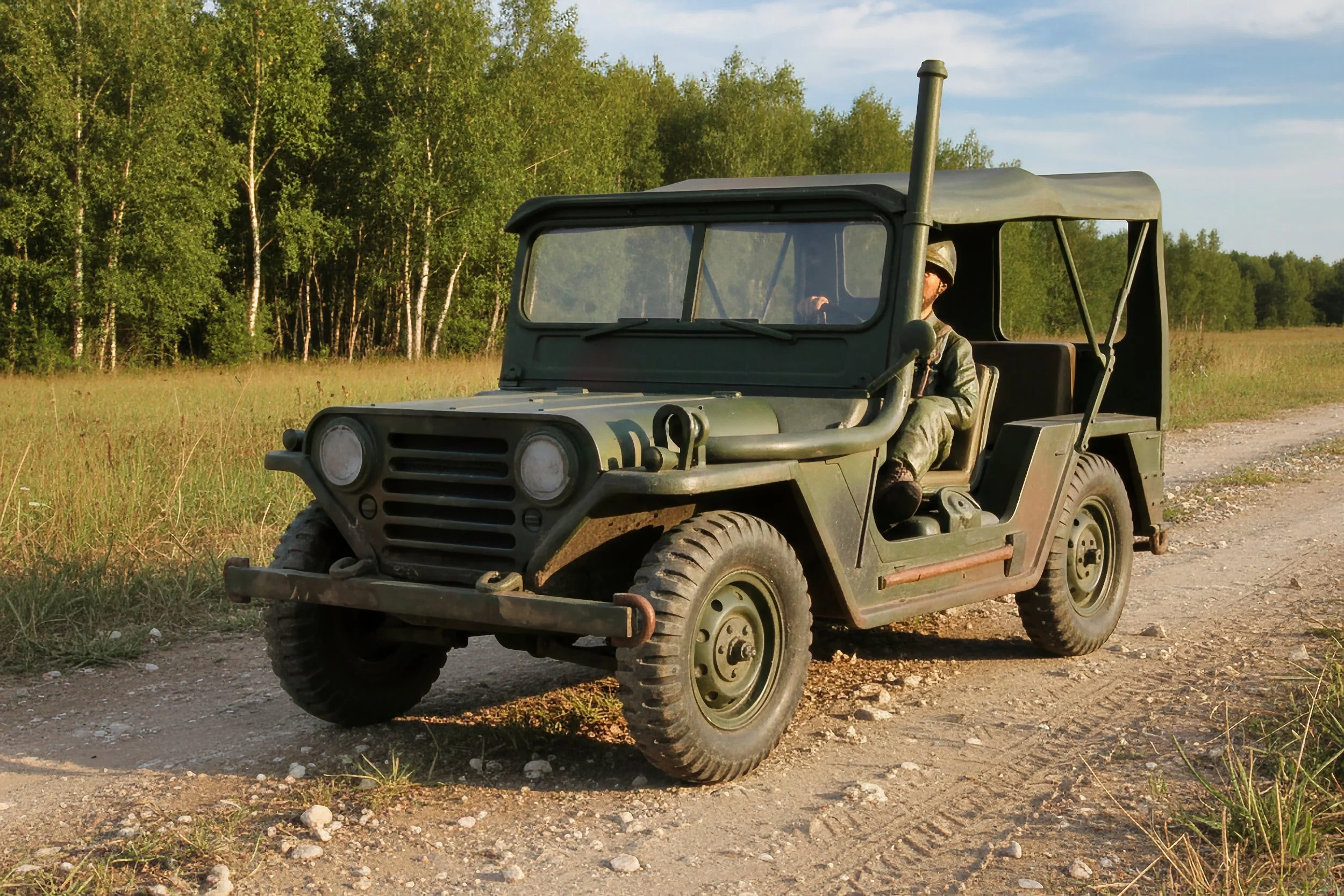 A military green off-road vehicle with a boxy design driving on a dirt path through a grassy field, with a person in military uniform sitting in the driver’s seat and looking at the side, surrounded by green trees and a partly cloudy sky.