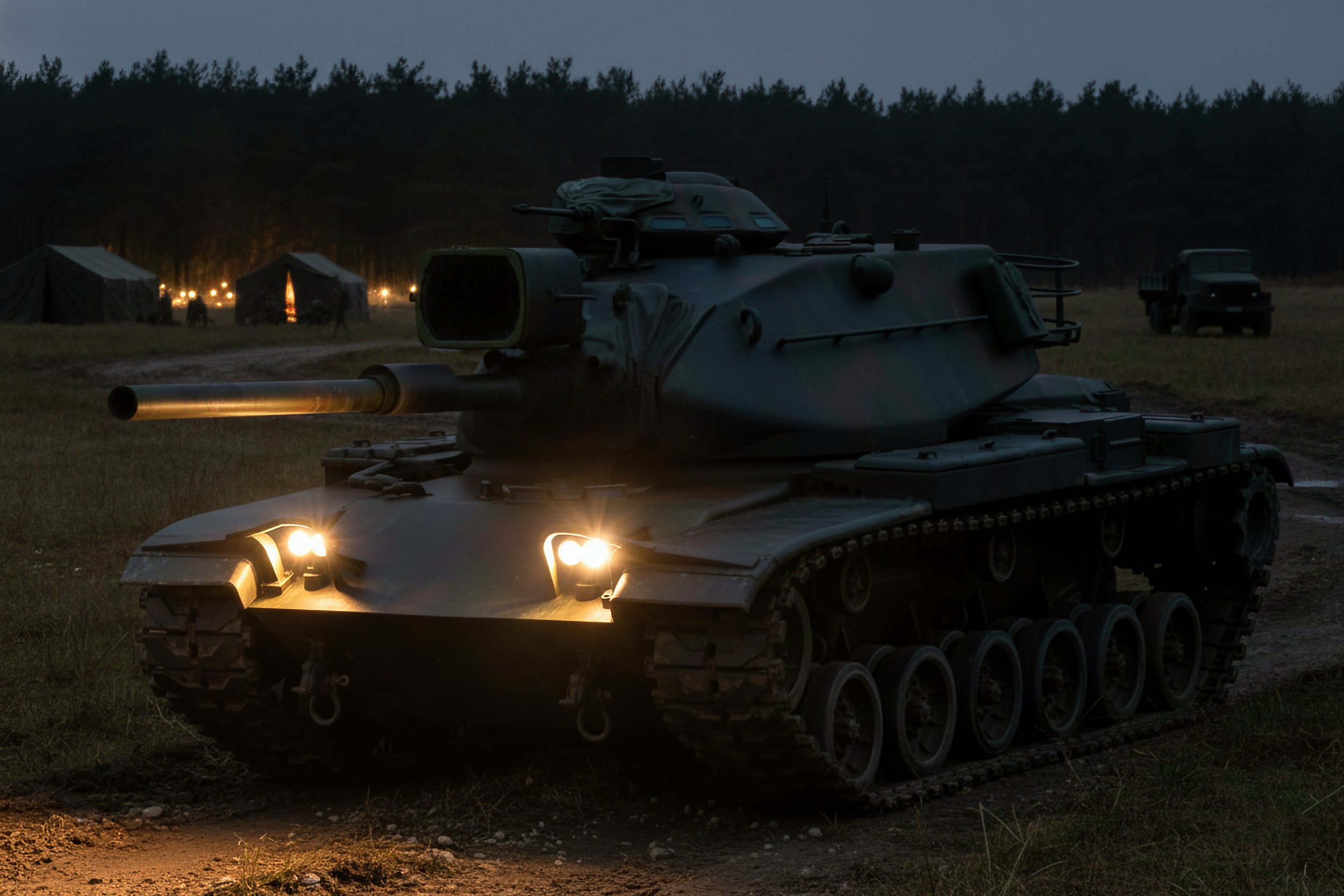 A military tank with its headlights on at dusk, in a field with tents and trucks in the background.