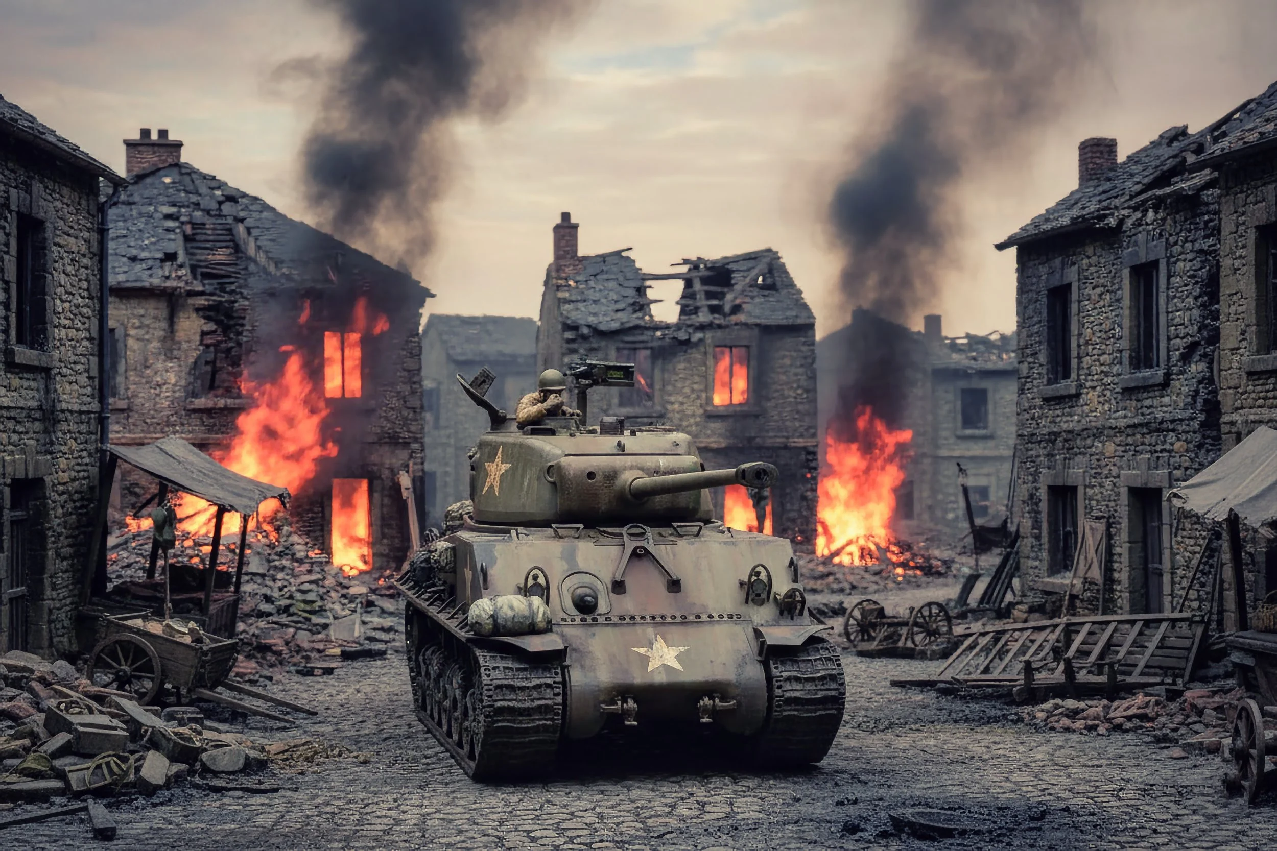 A tank with a soldier on top driving through a war-torn city with burning buildings and smoke in the background, depicting a scene of destruction and conflict.