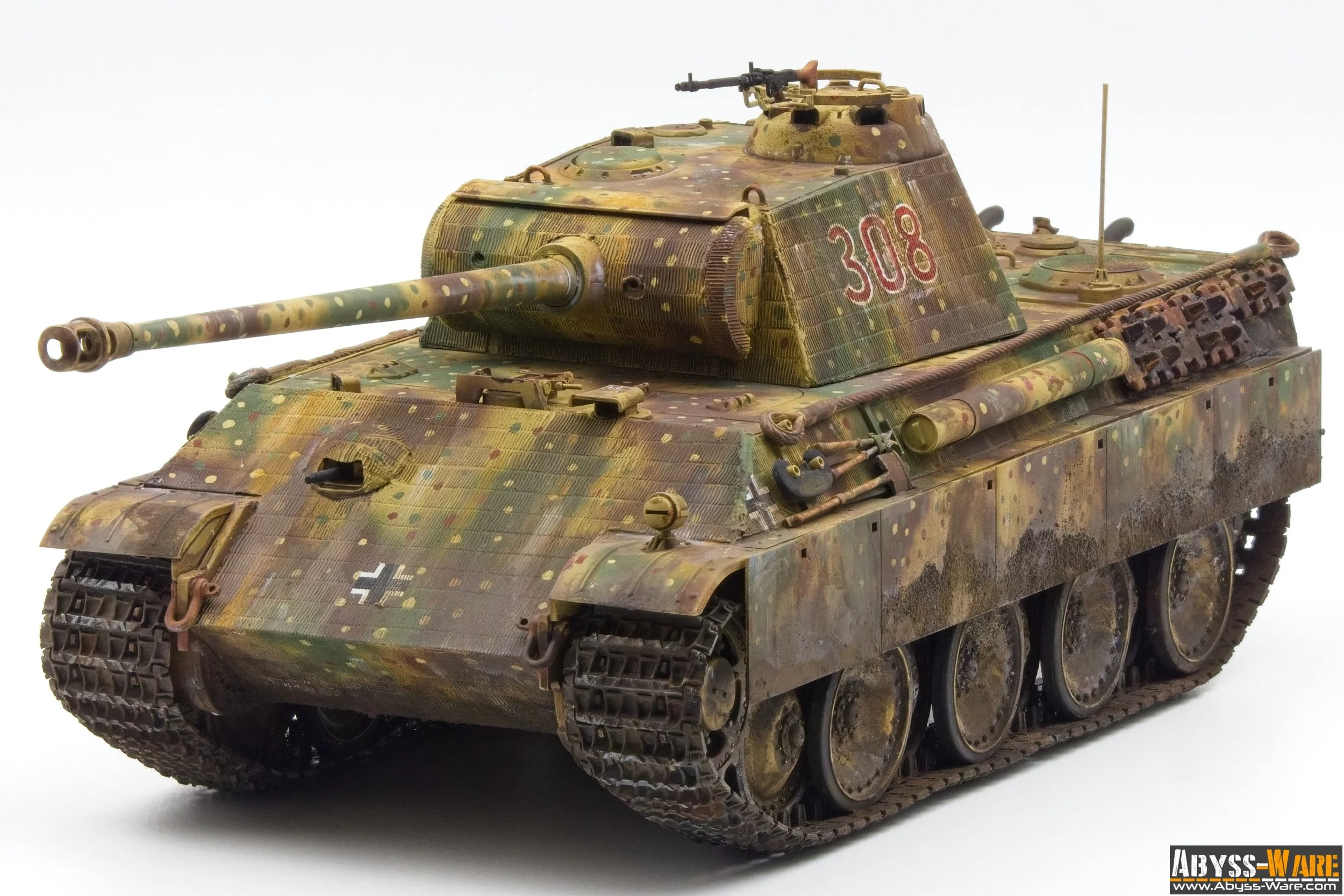 Model of a military tank with camouflage paint, the turret marked with the number 308, and the logo 'Abyss-Ware' at the bottom right corner.