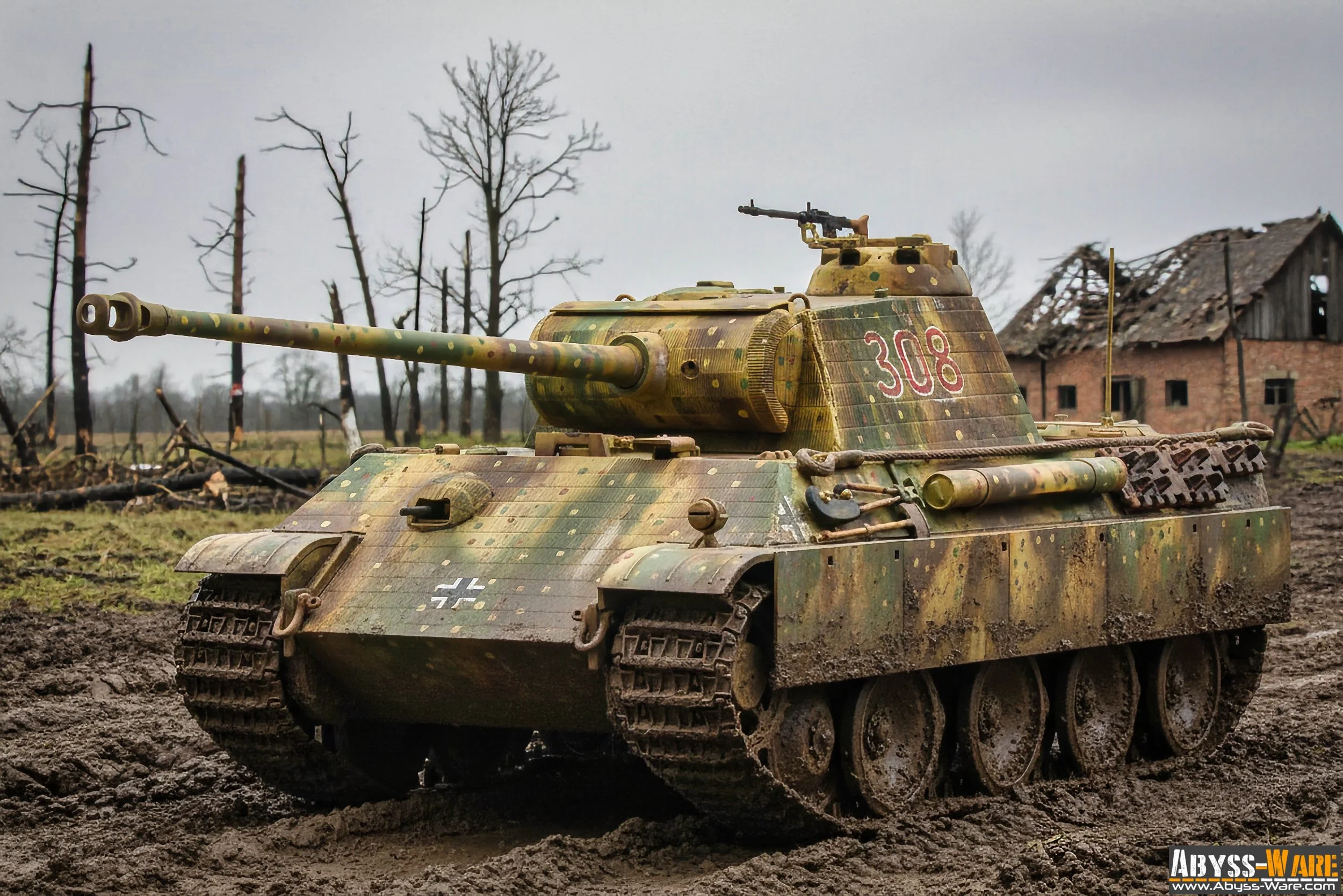 A German military tank with camouflage paint, marked with the number 308, positioned on muddy ground with an abandoned house and leafless trees in the background.