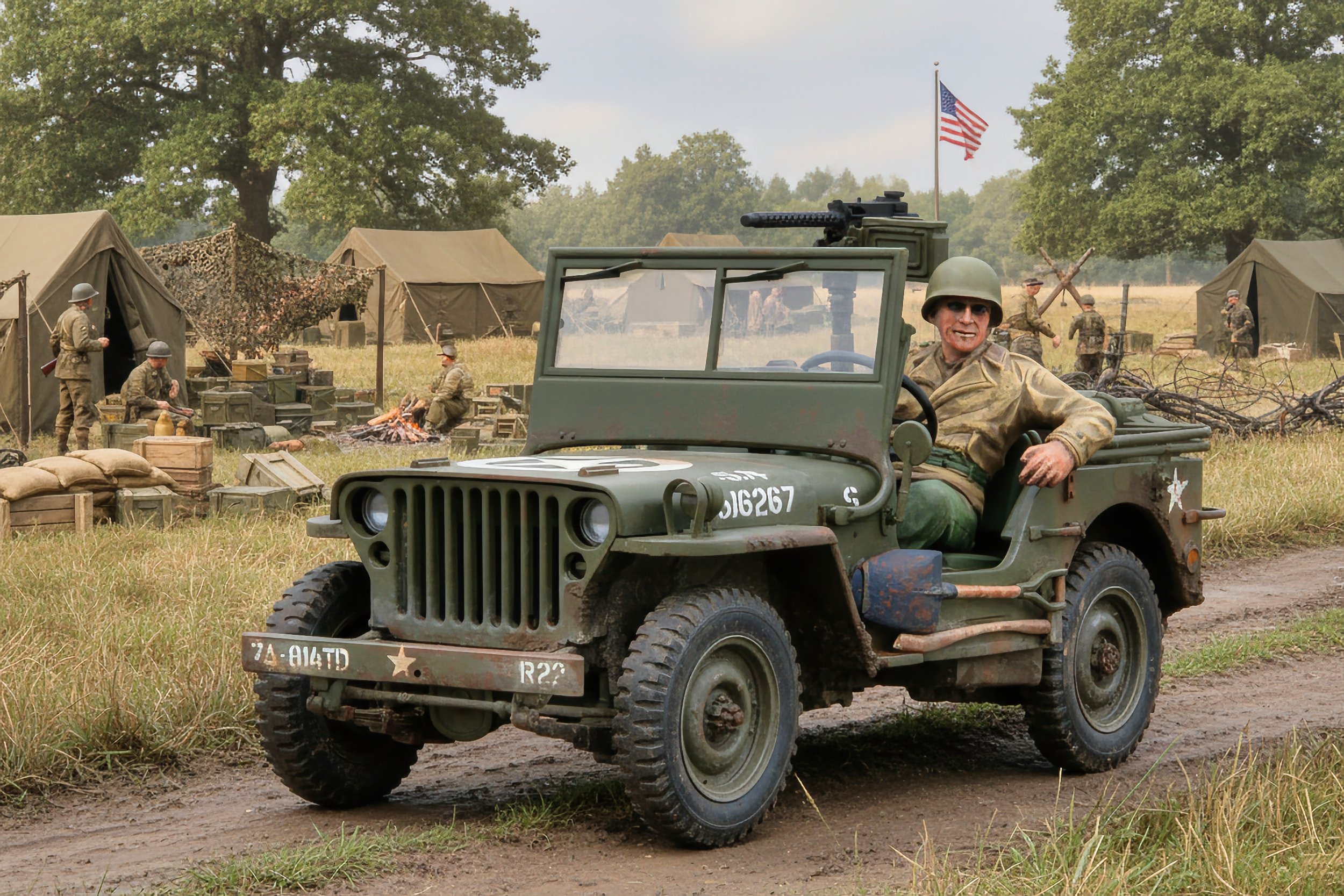 A vintage military jeep with a soldier sitting behind the wheel, smiling, in front of a World War II scene with soldiers, tents, and soldiers resting around a campfire in a grassy field.