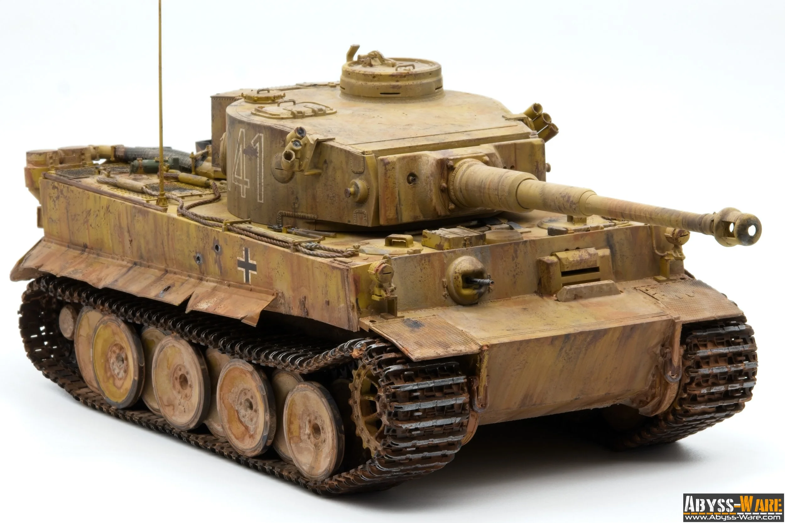 Model of a World War II German Tiger I tank with camouflage paint and detailed features displayed against a plain white background.