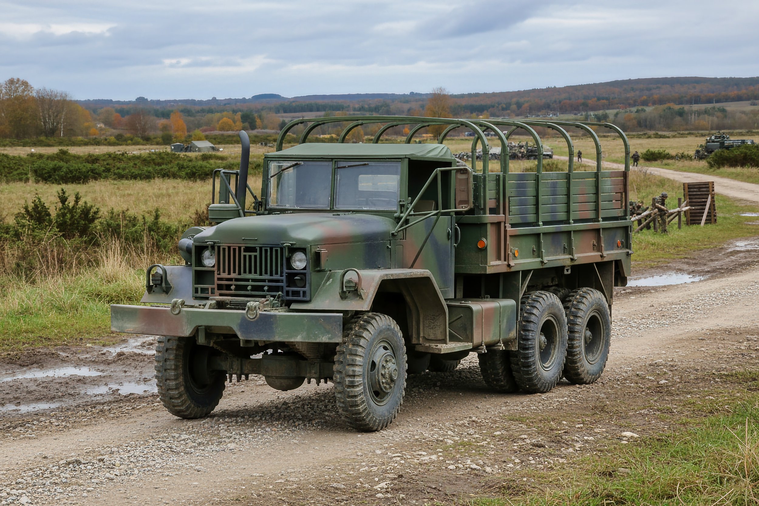 A military cargo truck parked on a dirt road in a rural field with trees and hills in the background.