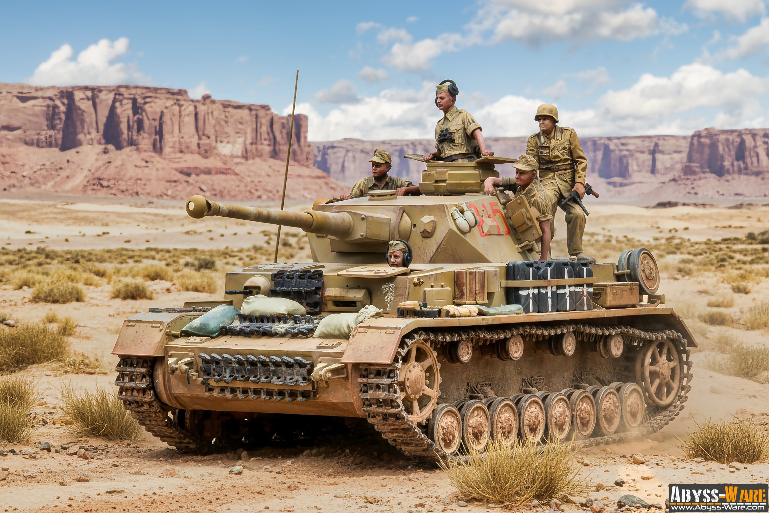 A military tank with five soldiers in desert landscape, rugged terrain, red rock formations, and blue sky in the background.