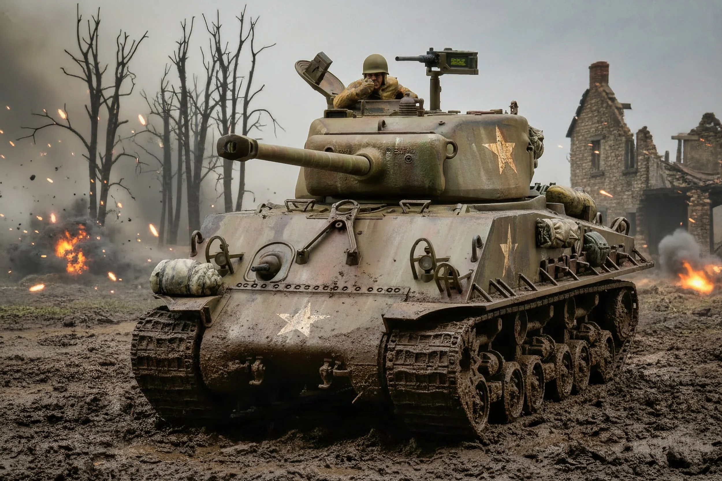 A military tank advancing through a war-torn landscape with burning buildings and destroyed trees in the background.