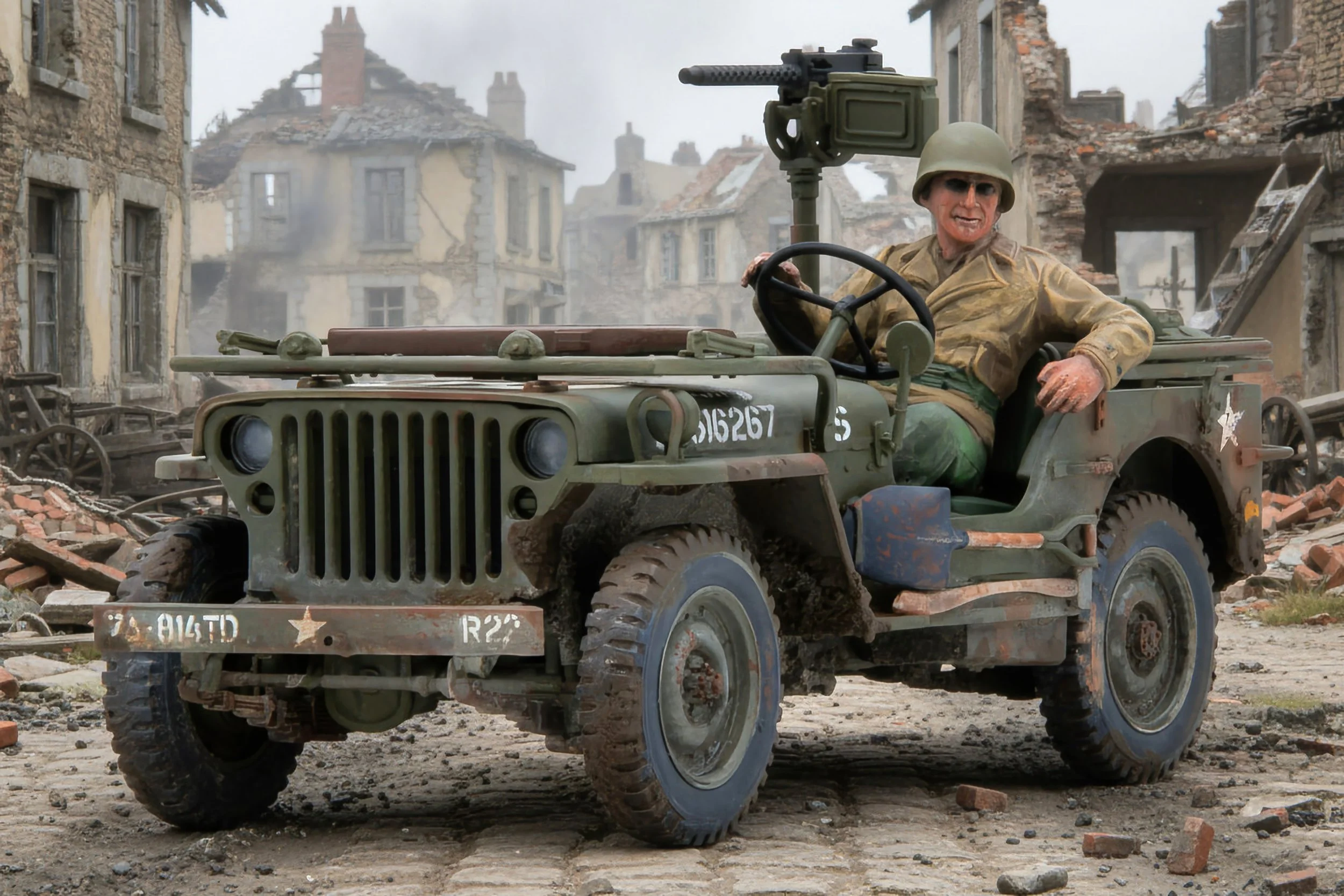 A person dressed as a soldier sitting in a vintage military jeep amid a war-torn urban landscape with destroyed buildings.