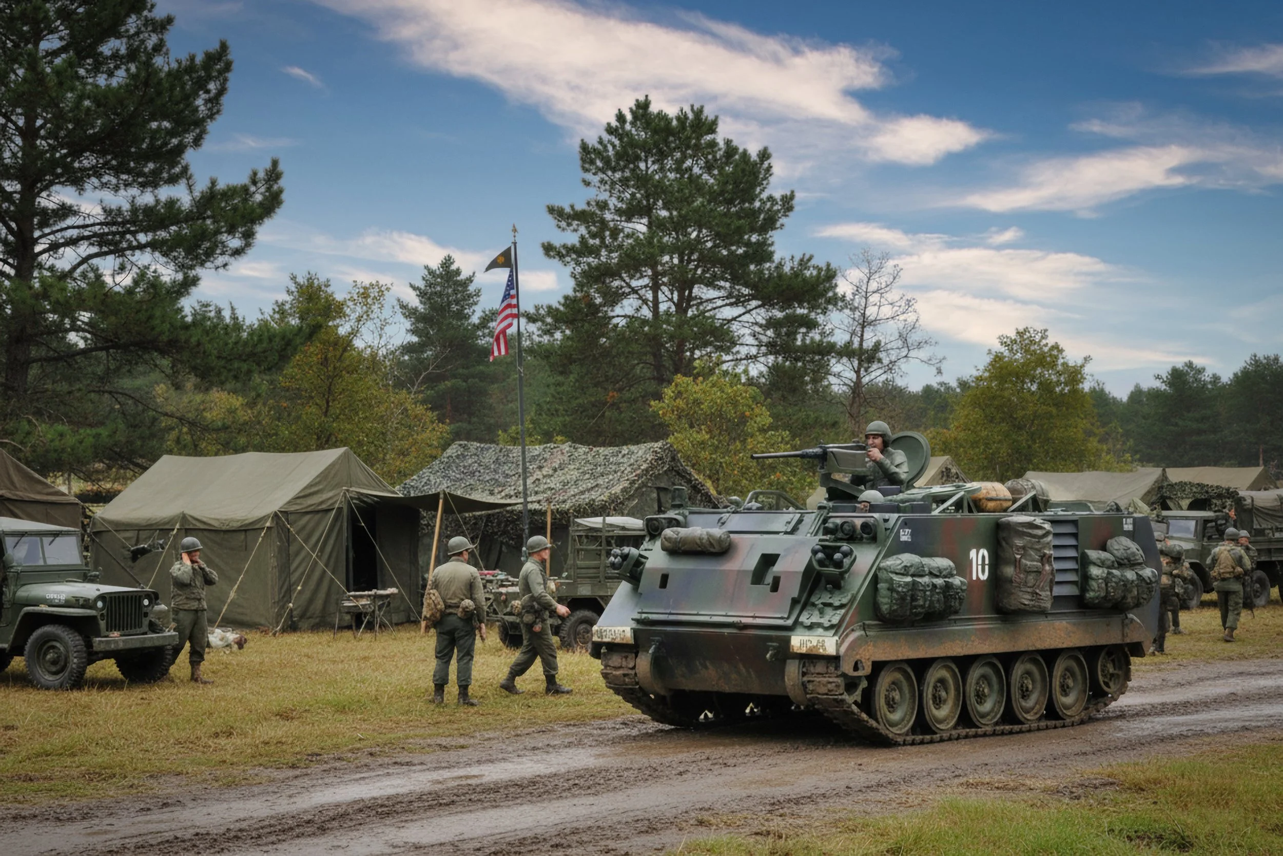 Military scene with soldiers and a tank in a campsite with tents, trees, and an American flag.