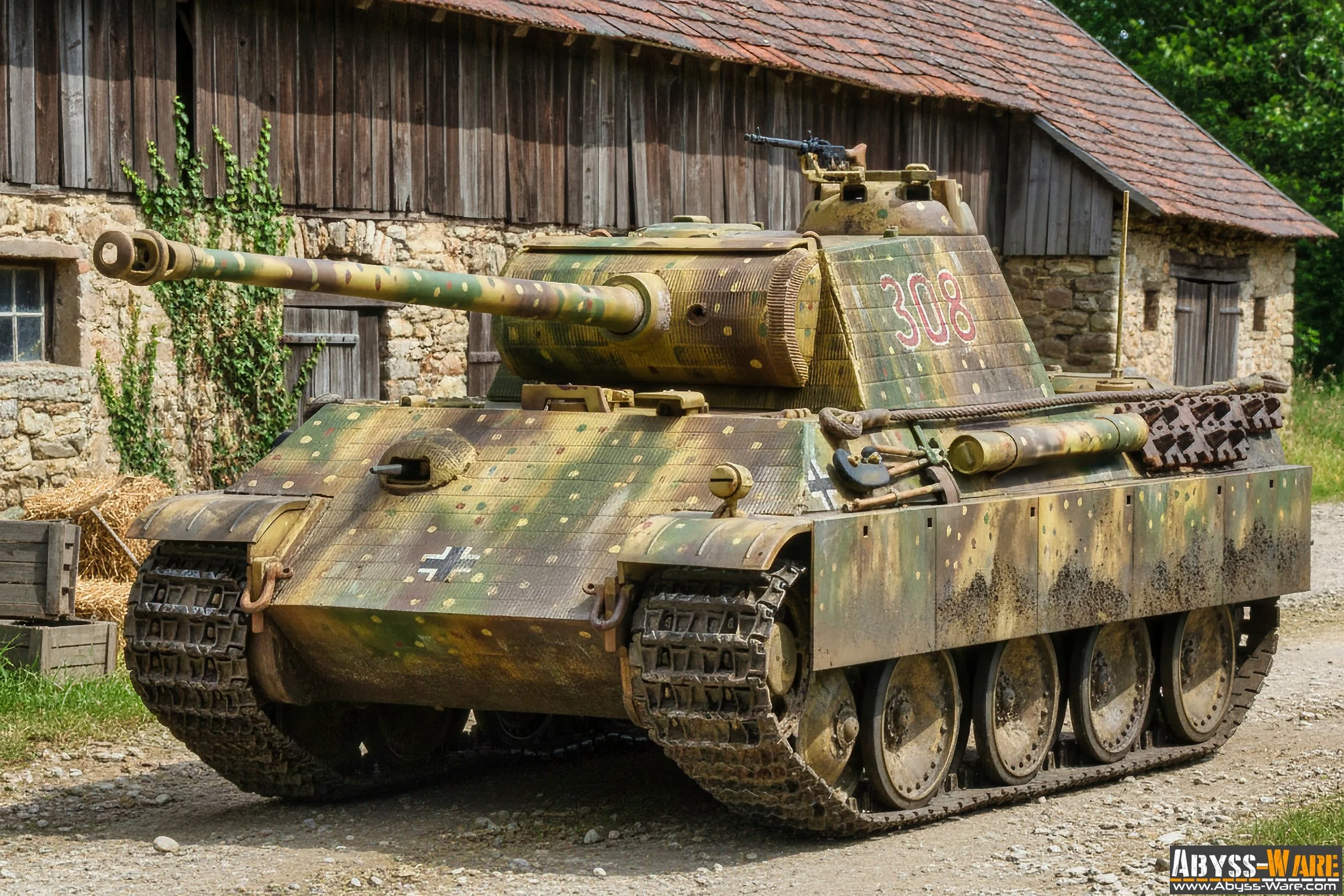 World War II German Panther tank with camouflage paint, a number 308 on the turret, parked outdoors near a stone and wooden barn.