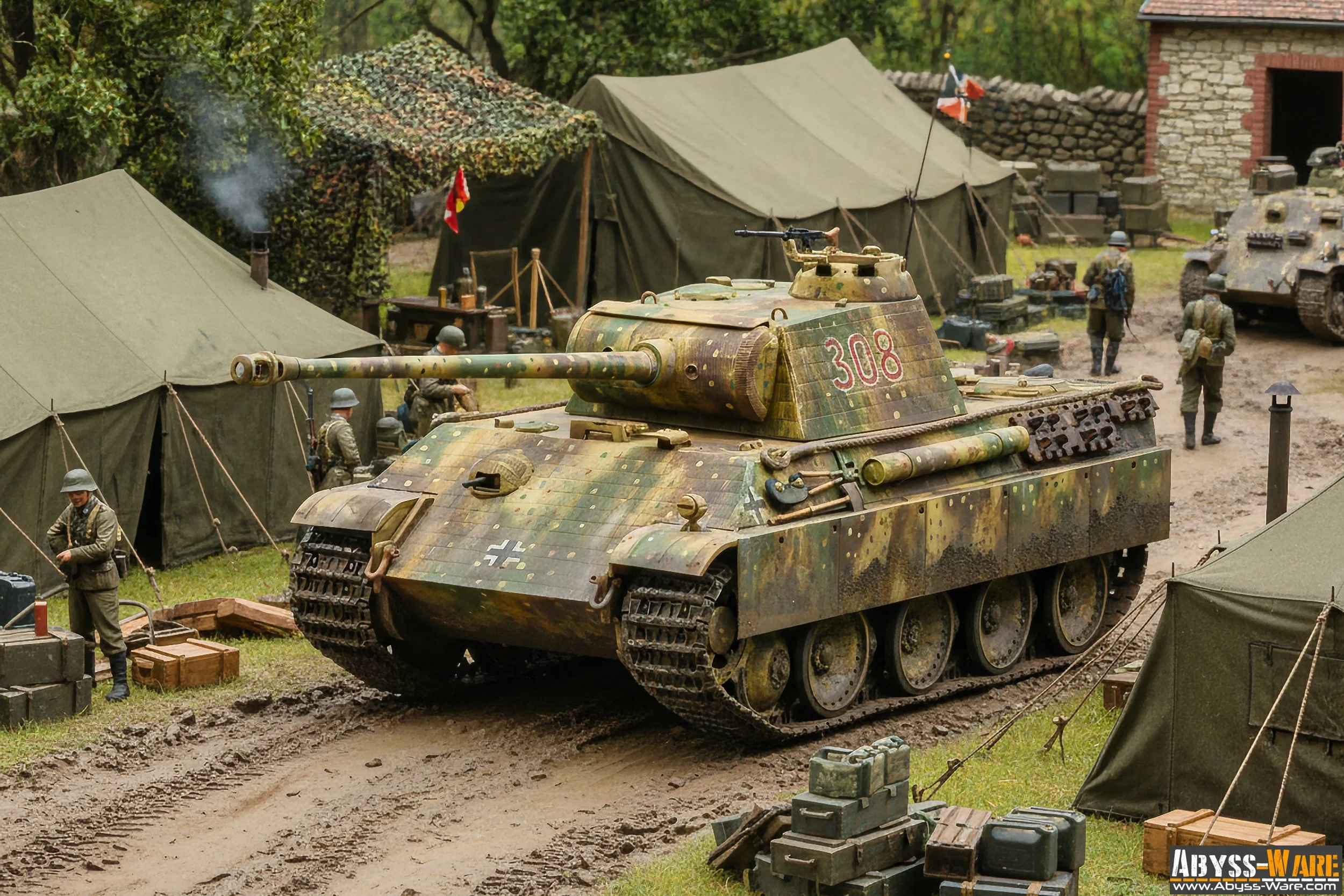Model of a World War II German Panther tank in a military encampment with tents, soldiers, and other military equipment, set in a muddy outdoor area.