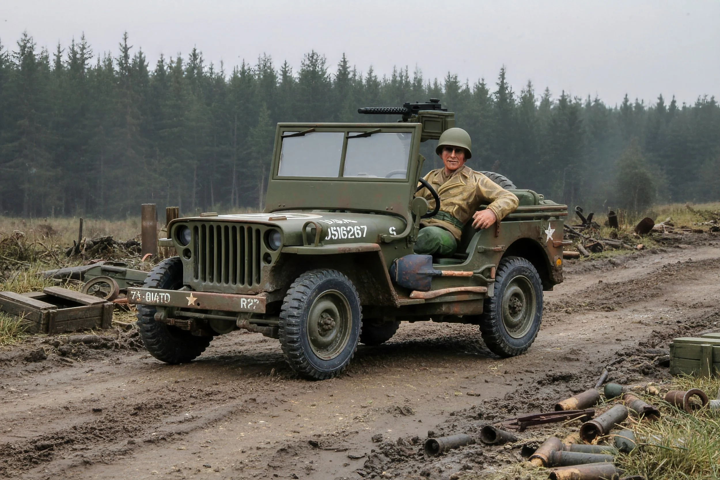 A vintage military jeep with a soldier sitting inside, smiling, on a dirt road in a forested area, with weapons and military equipment nearby.