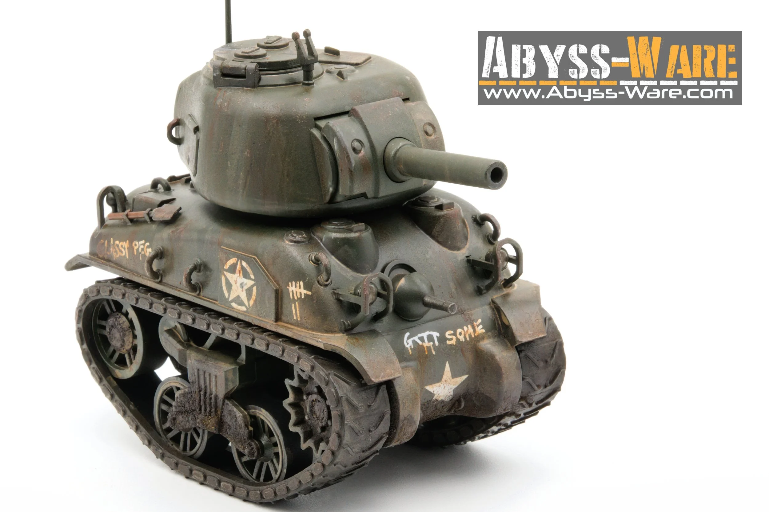 A model of a military tank with weathered paint and some graffiti, featuring a short barrel gun, tracks, and markings, with an adjacent logo for Abyss-Ware.
