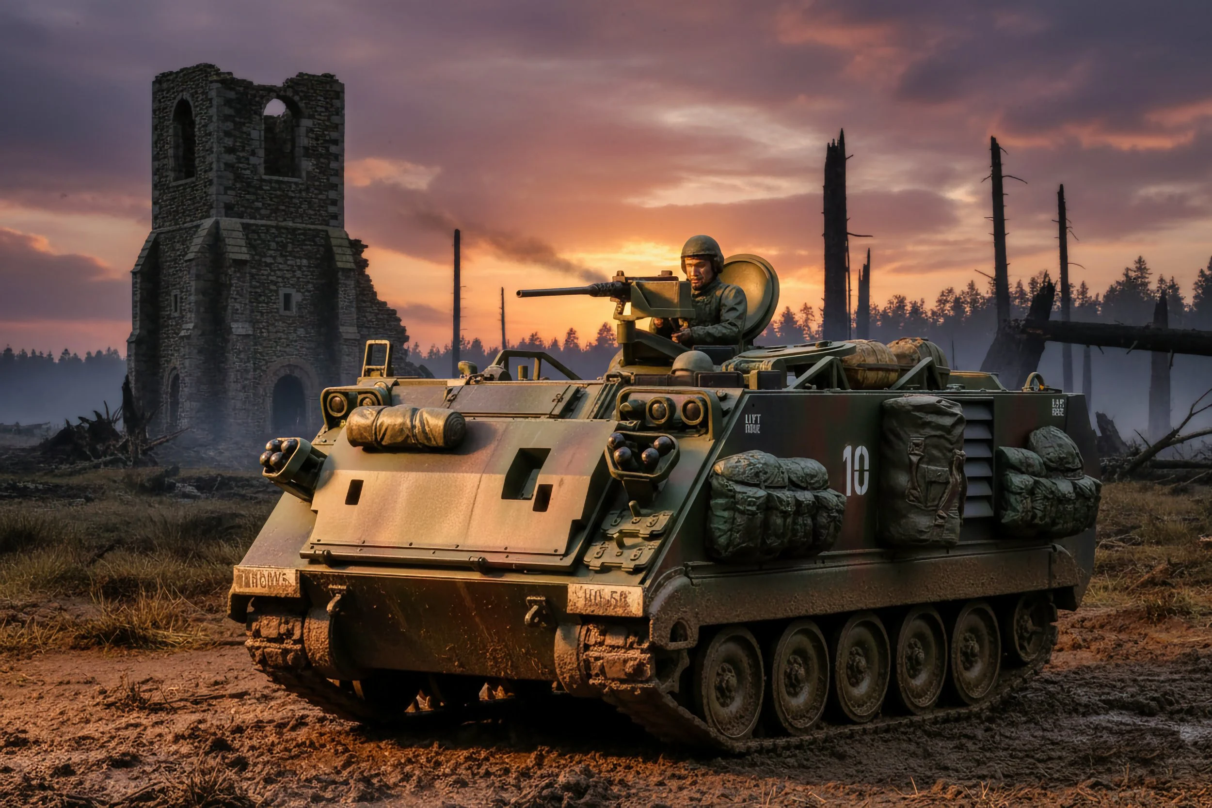 A soldier in military gear sitting on a camouflaged armored vehicle with a gun, in a desolate battlefield at sunset with ruined buildings and burnt trees in the background.