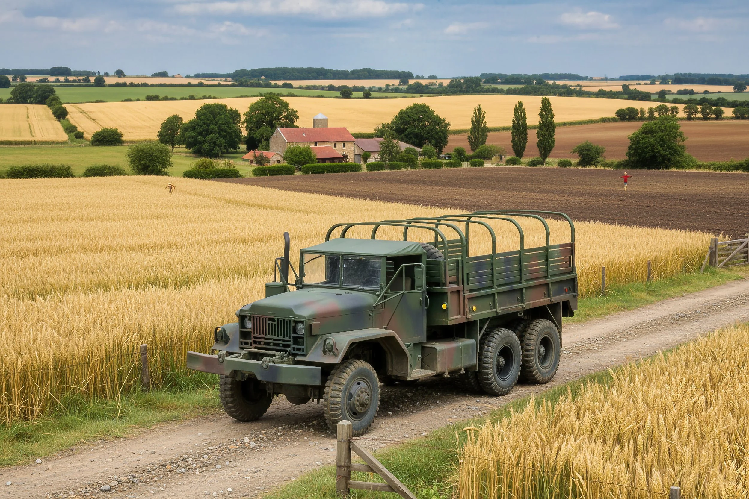 A military truck driving on a dirt road through a golden wheat field with farm buildings and trees in the background.