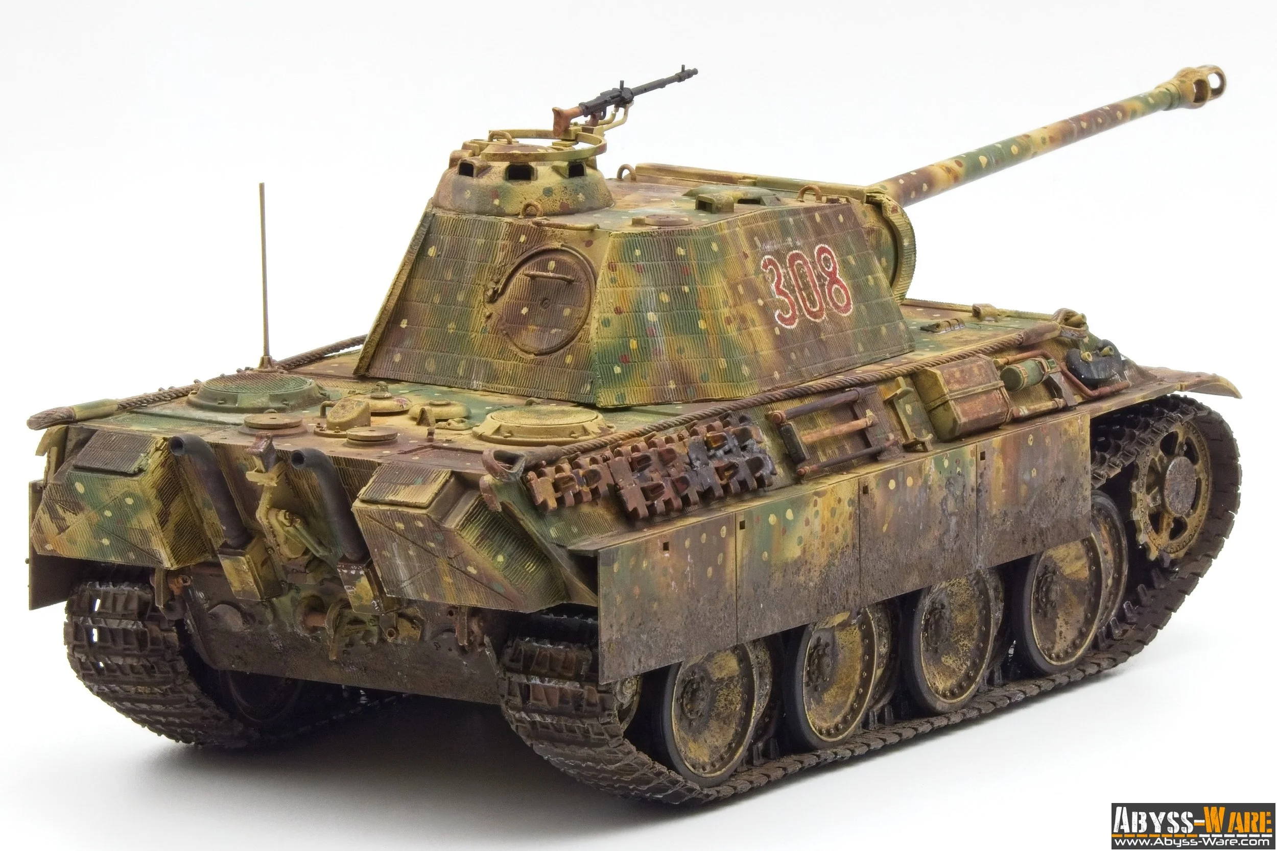 Model of a tank with camouflage paint, a long barrel, and the number 308 on its side, placed against a plain white background.