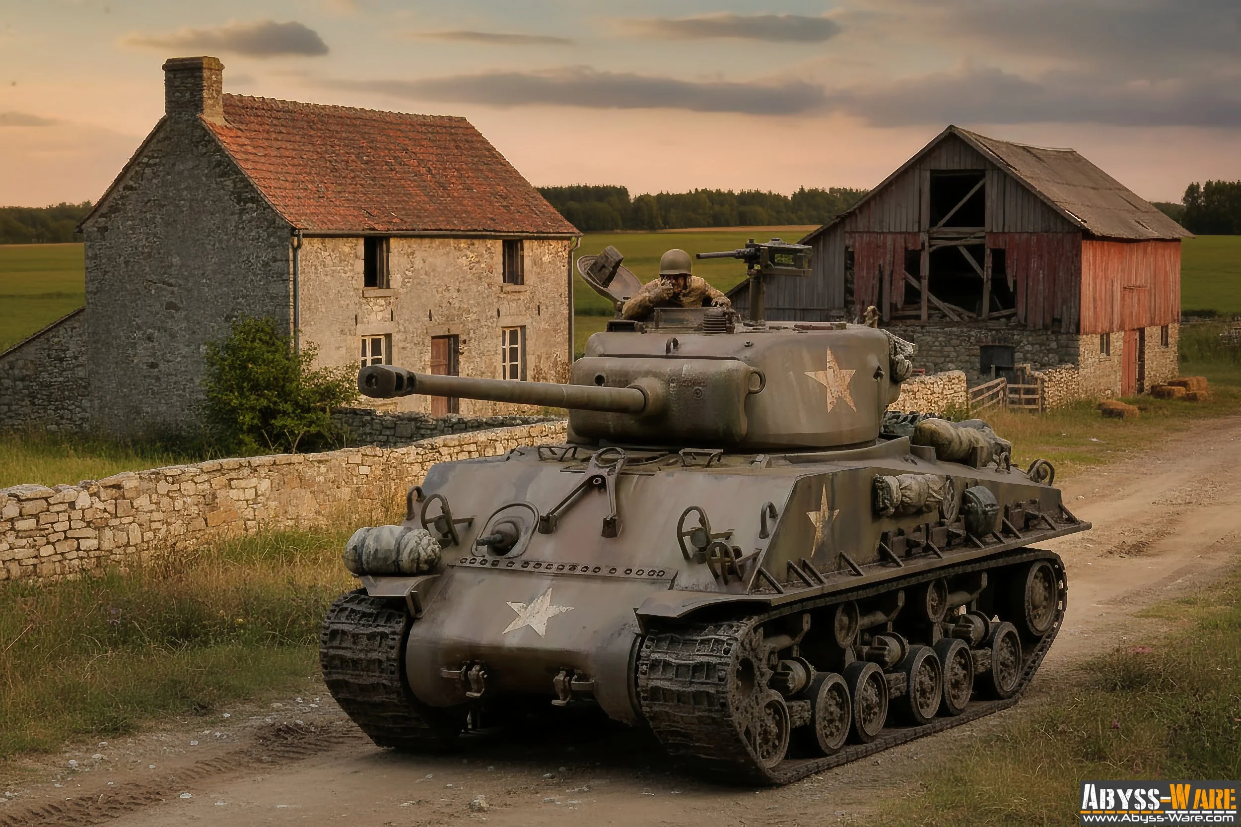 A military tank with a star insignia on the front and side, driving on a dirt road in a rural area with old stone houses and a barn in the background during what appears to be sunset or sunrise.