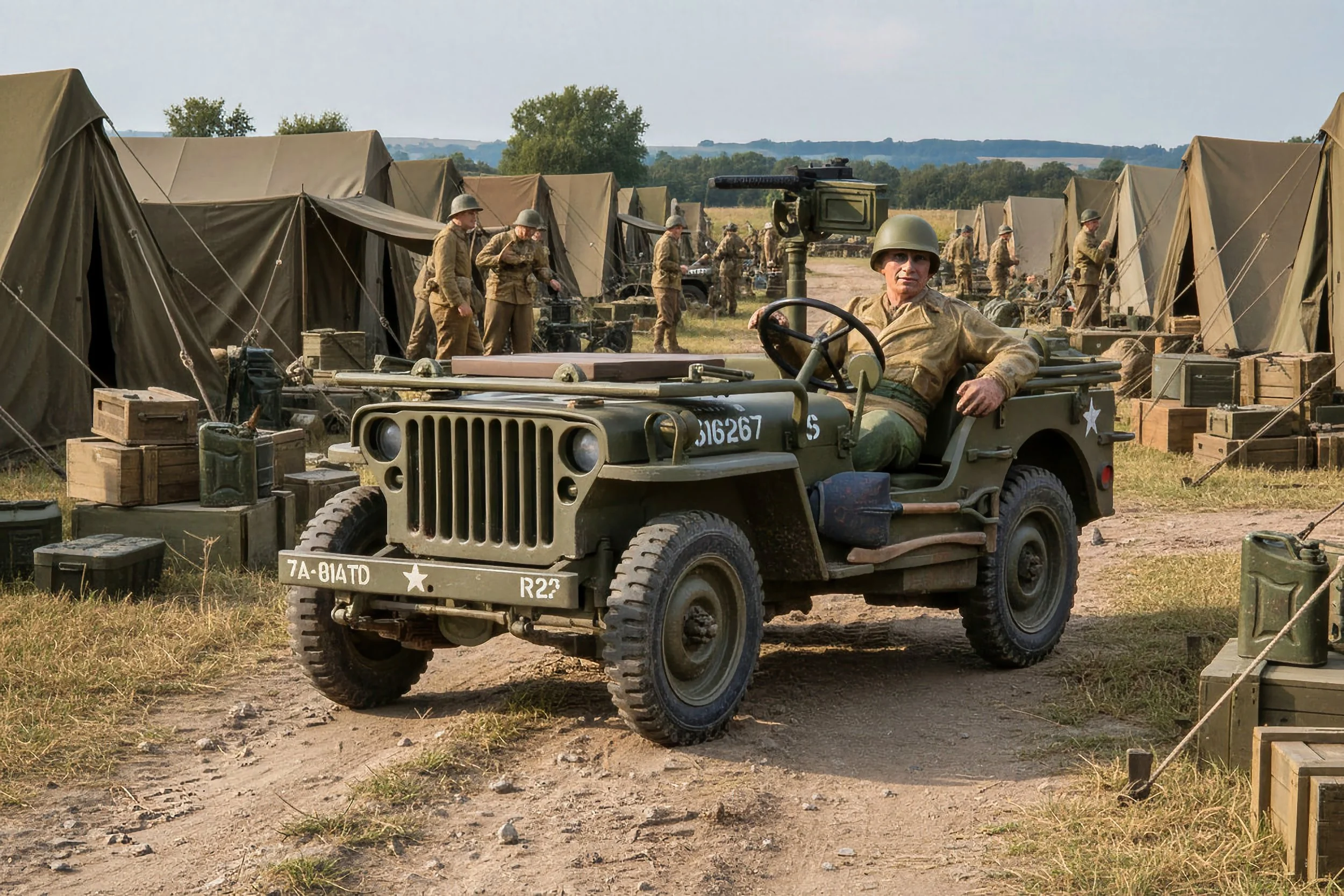 A woman in military uniform sitting in a vintage military jeep on a dirt road, with a military encampment and soldiers in the background.