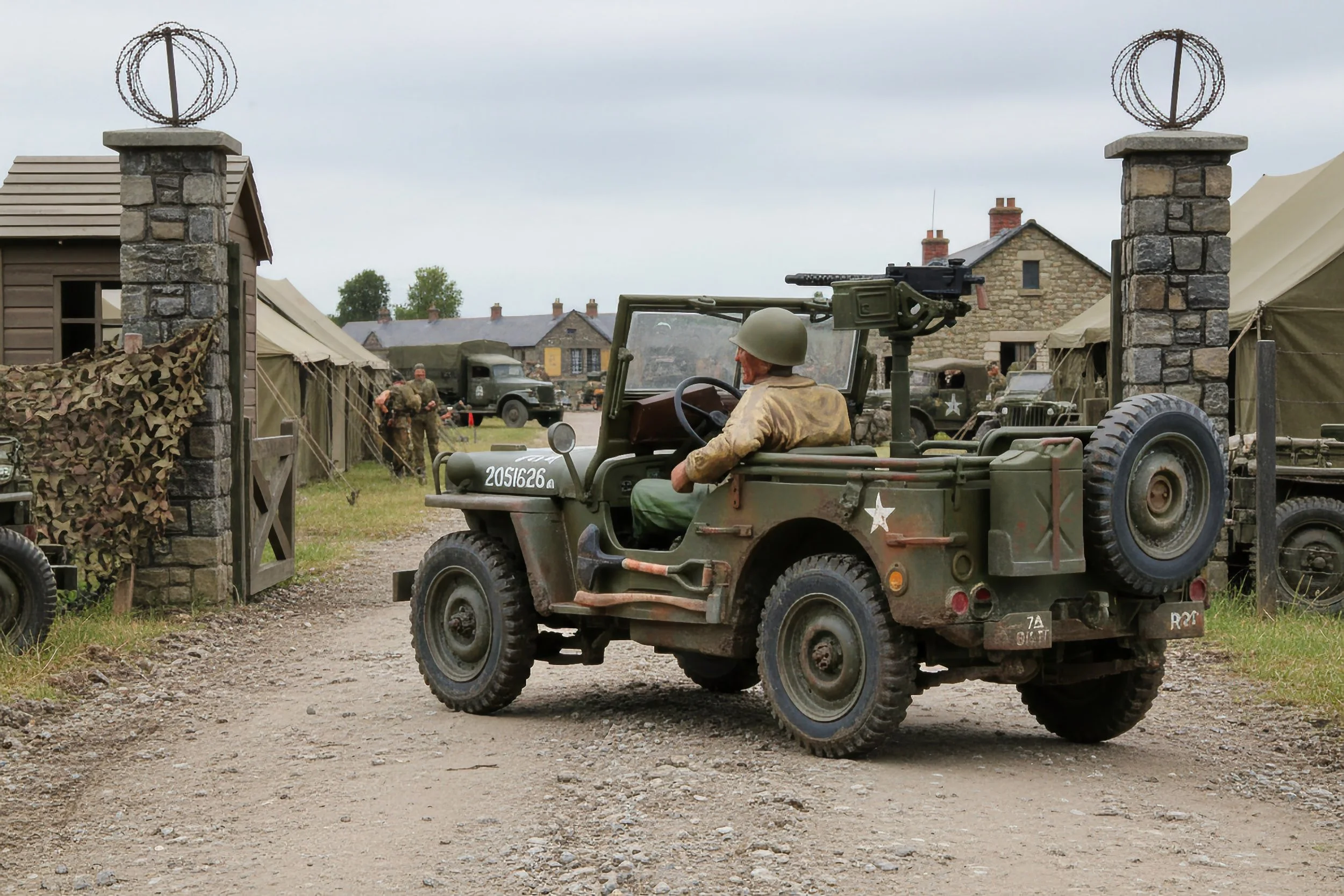 A vintage military jeep with a mounted machine gun, parked on a dirt road at a battlefield scene with tents, military trucks, and soldiers in the background.