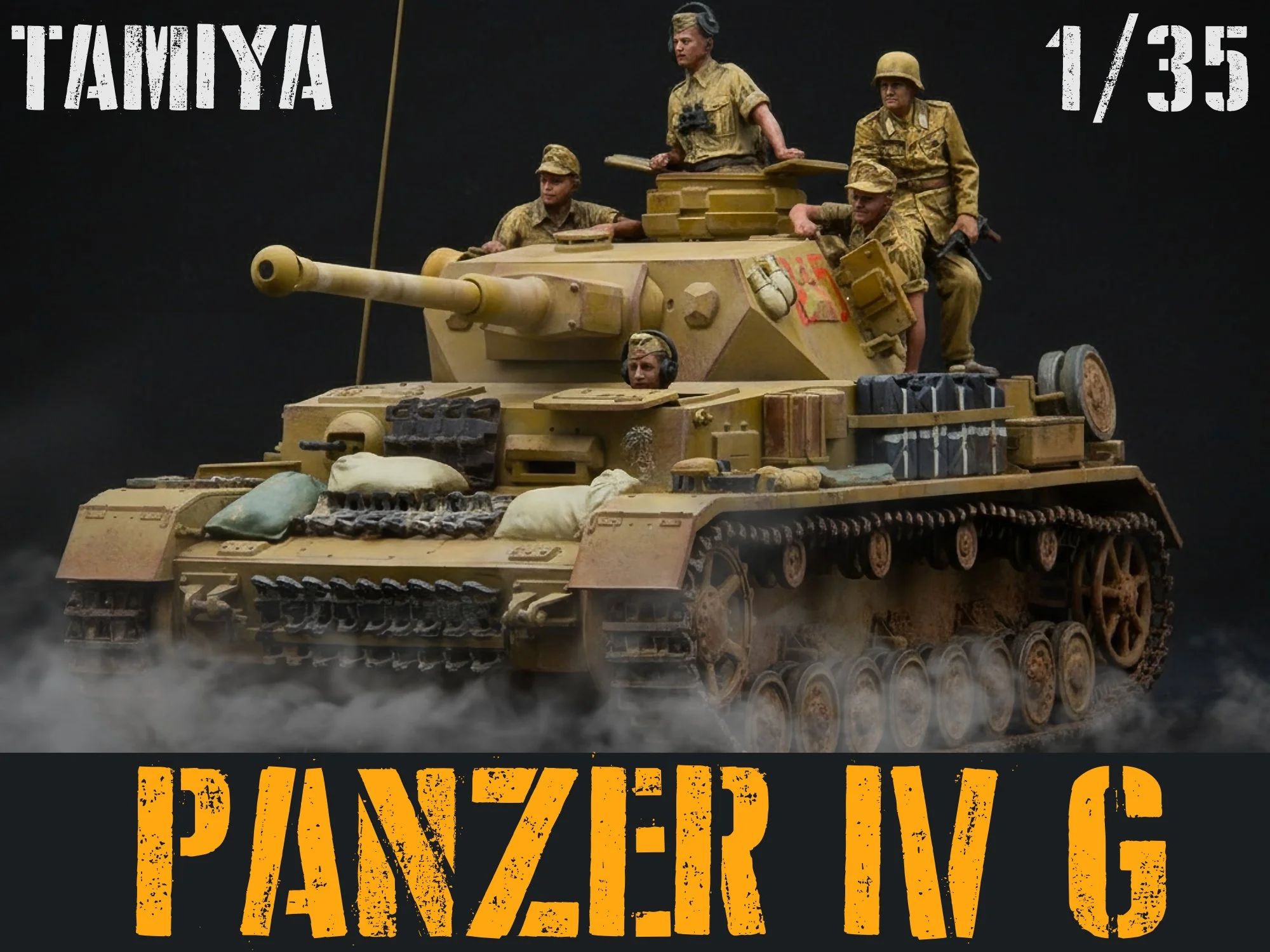 A highly detailed model of a military tank with five toy soldiers on and around it, set against a black background. The text 'TAMIYA' is at the top left, '1/35' at the top right, and 'PANZER IV G' in large orange letters at the bottom.