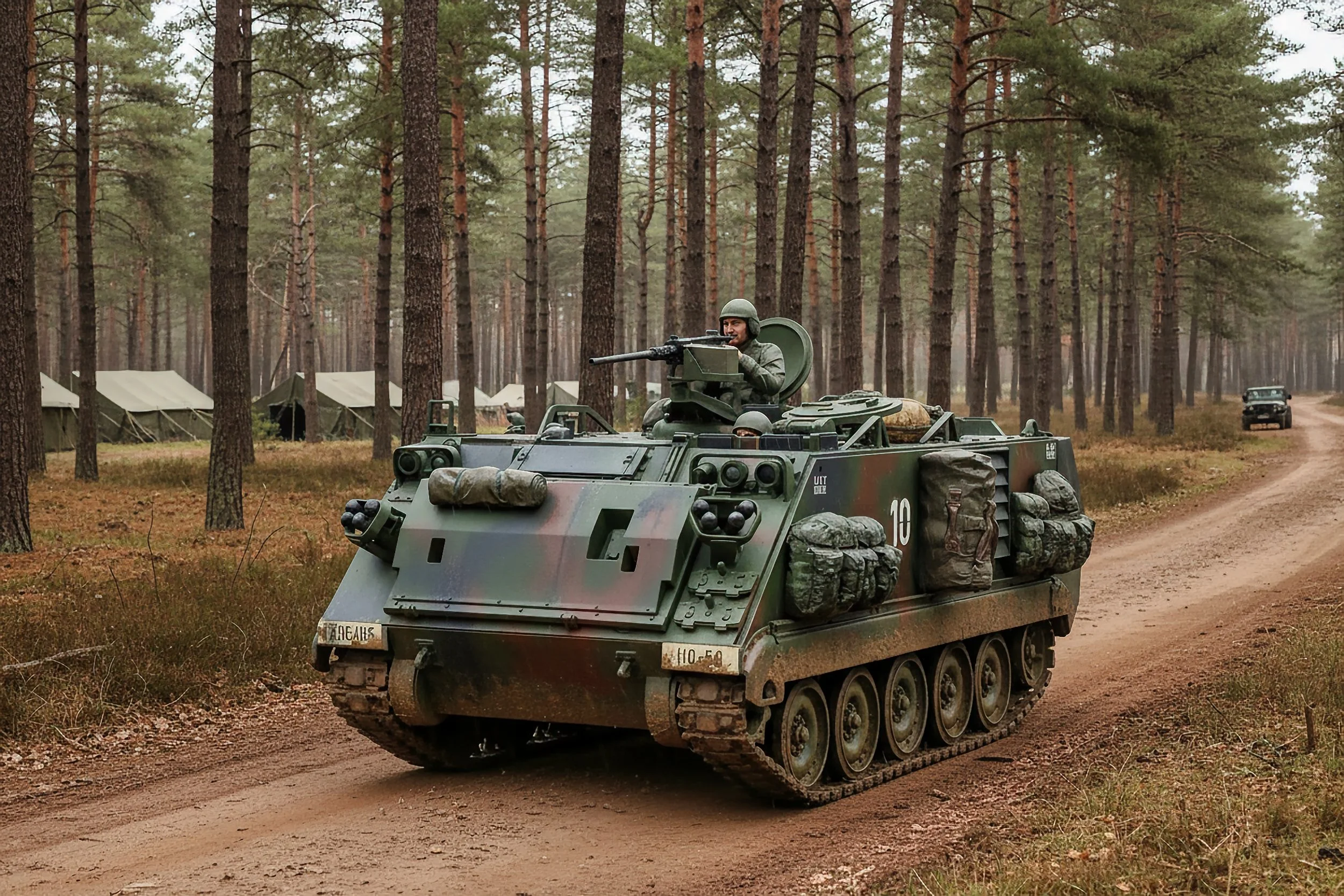 A military tank is moving along a dirt road in a forest, with tents set up in the background and a soldier manning the turret.