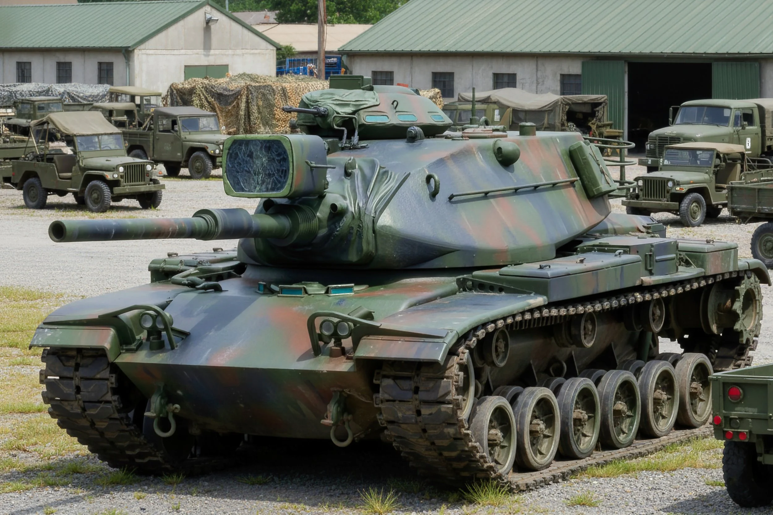 A military tank painted with camouflage, parked outdoors on a gravel lot, with several military trucks and storage buildings in the background.