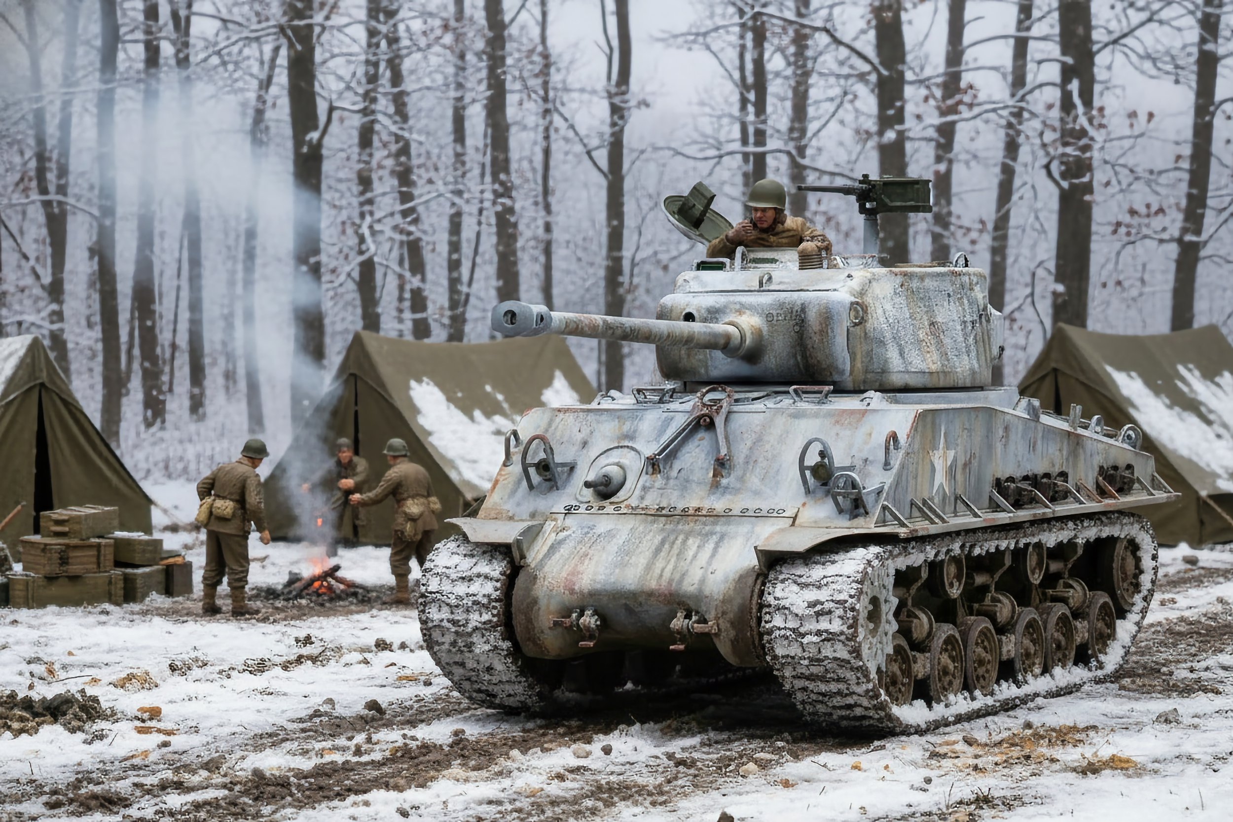 A military scene in a snowy forest with a weathered tank in the foreground and soldiers in uniform near tents and campfire in the background.