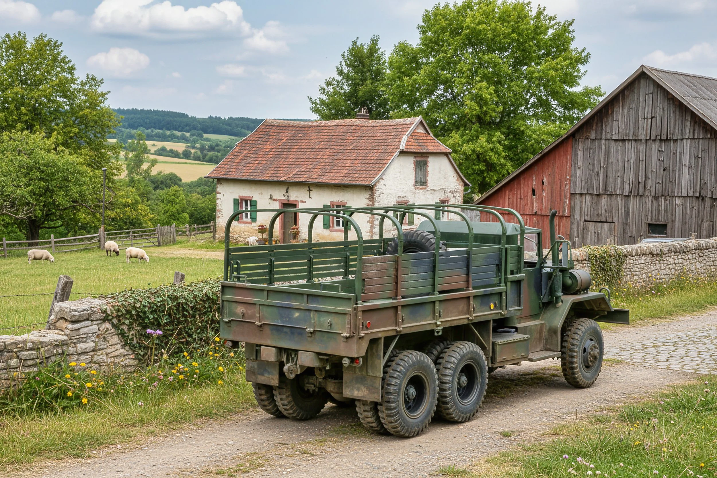A military-style truck parked on a dirt road in front of a farm with a stone wall, green grass, and sheep grazing in the background. There are rustic buildings, one with a white exterior and another with wooden siding, and green trees under a partly 