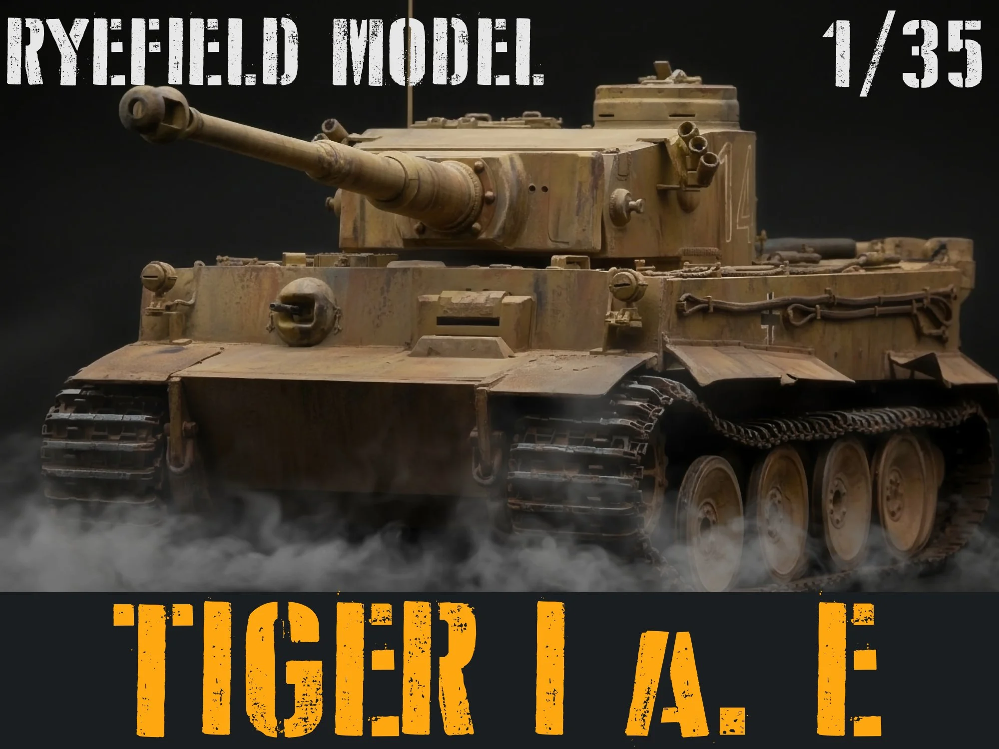 A tan, weathered model of a Tiger I tank with large gun barrel, tracks, and details, displayed against a black background with steam or smoke below.