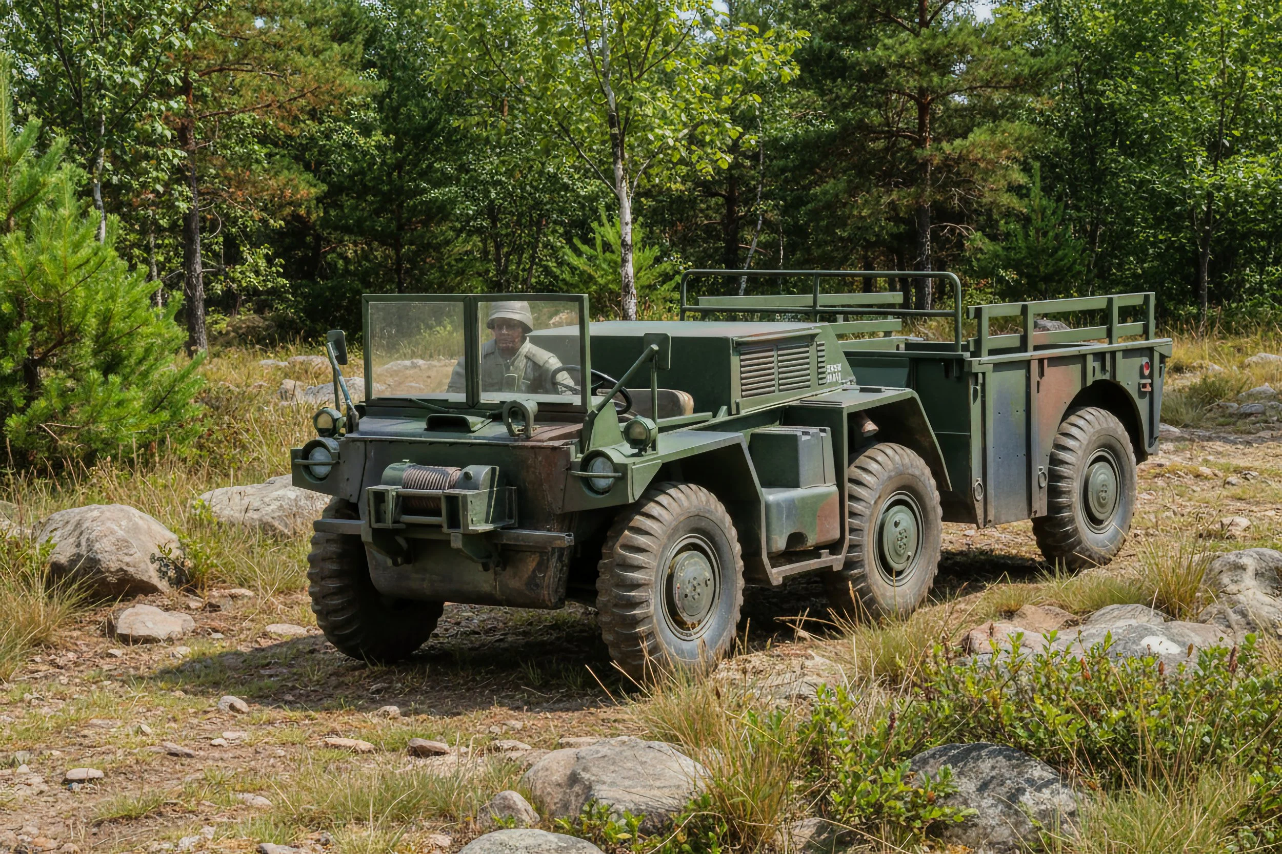 A military green all-terrain vehicle driving over rocky, grassy terrain with a dense tree forest in the background.