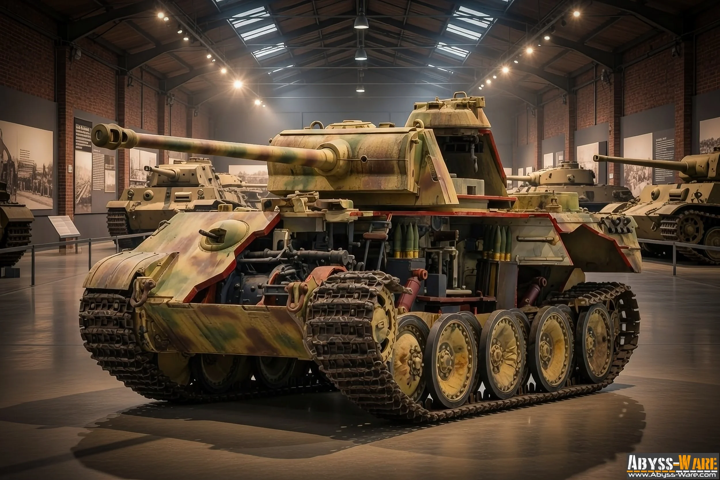 A military tank displayed in a museum, painted in a camouflage pattern, with other tanks visible in the background under ceiling lights.