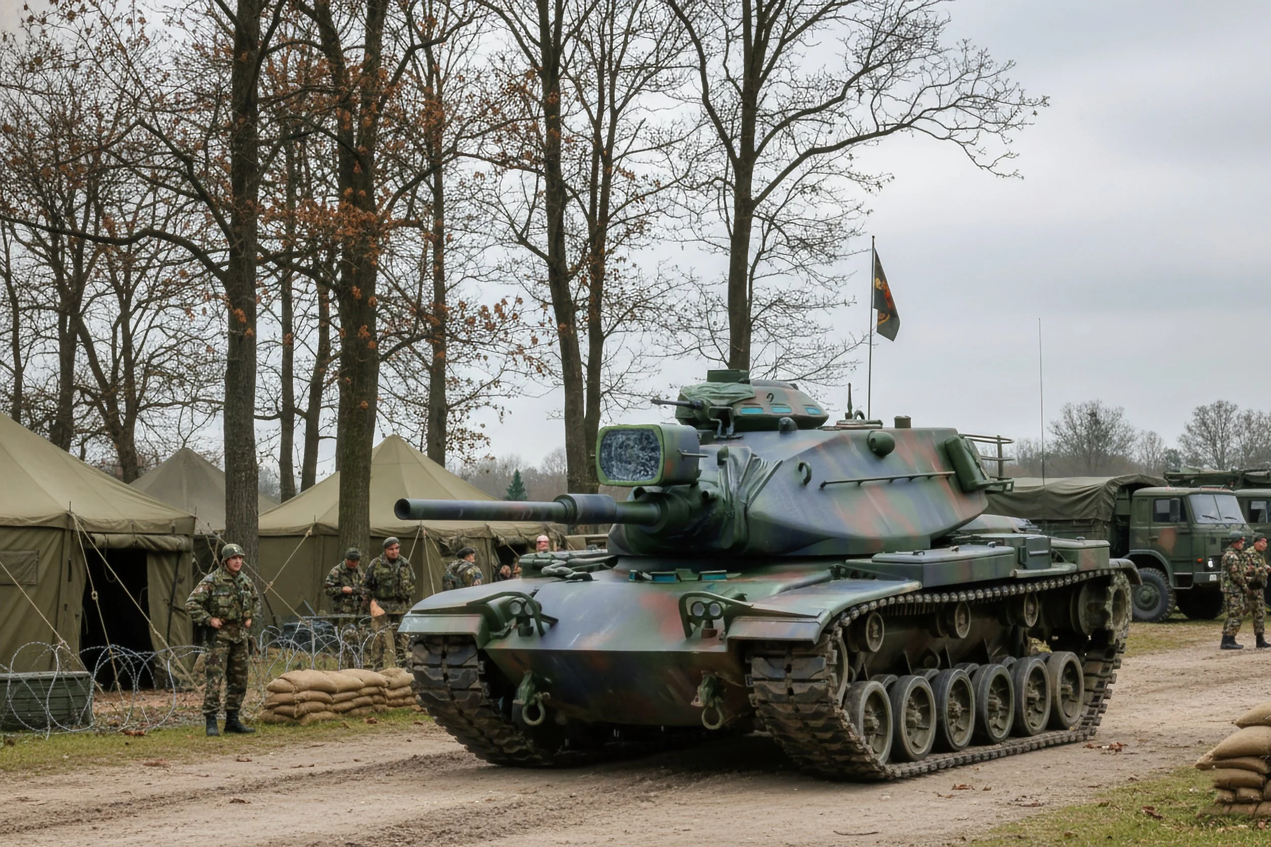 Military tank on display at a military base with soldiers and tents in the background.